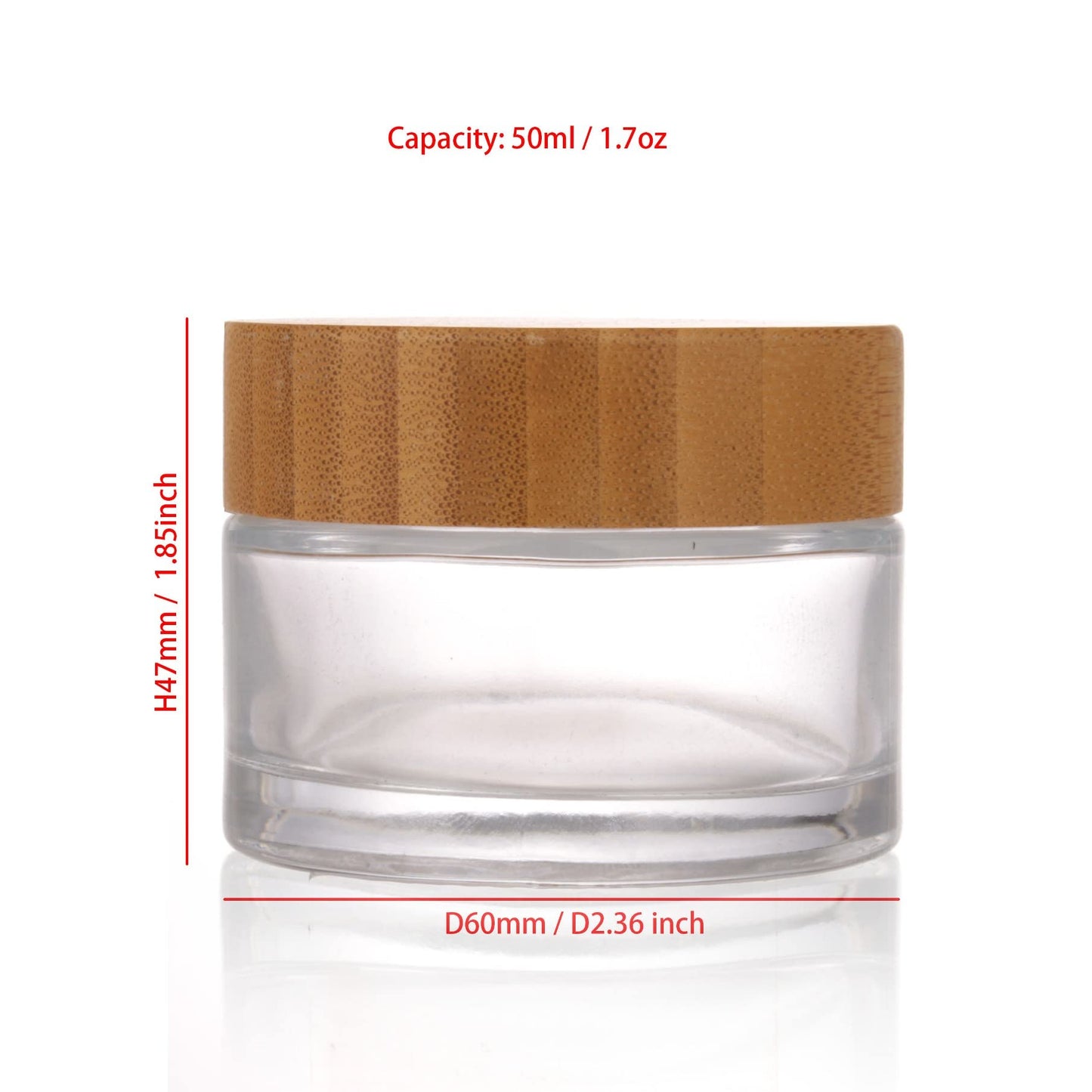 COSIDEA 6pcs Empty 1.7 OZ/50g Round Clear Glass Jars with Bamboo lids, Bamboo Cream Jar Refillable Cosmetic Travel Containers for Lip Balm, Ointments, Lotion Packing