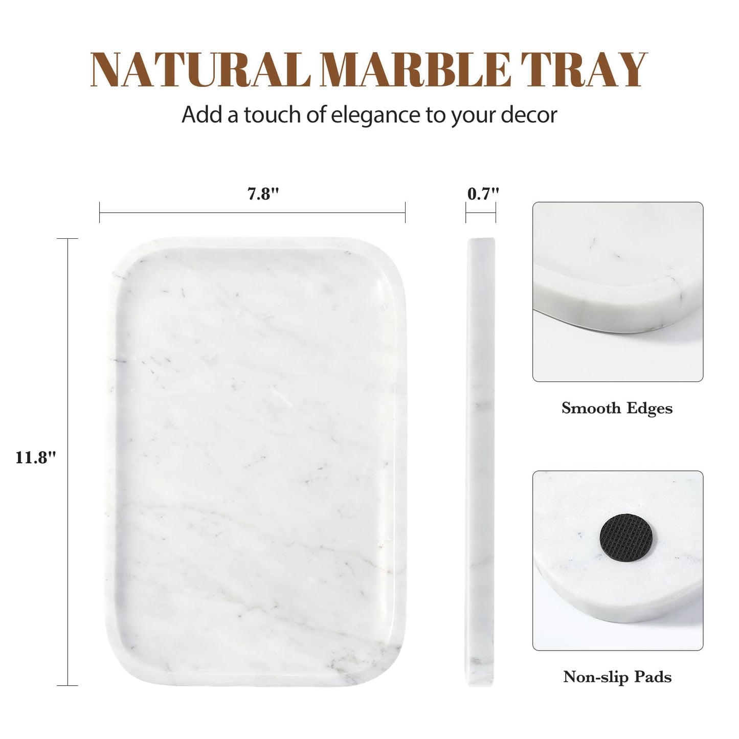 Koville Marble Tray, 12"x8" Bianco Carrara Marble Vanity Tray for Countertop Bathroom Kitchen Dresser, Decorative Catchall Trays for Perfume Jewelry, Rectangular Stone Serving Tray