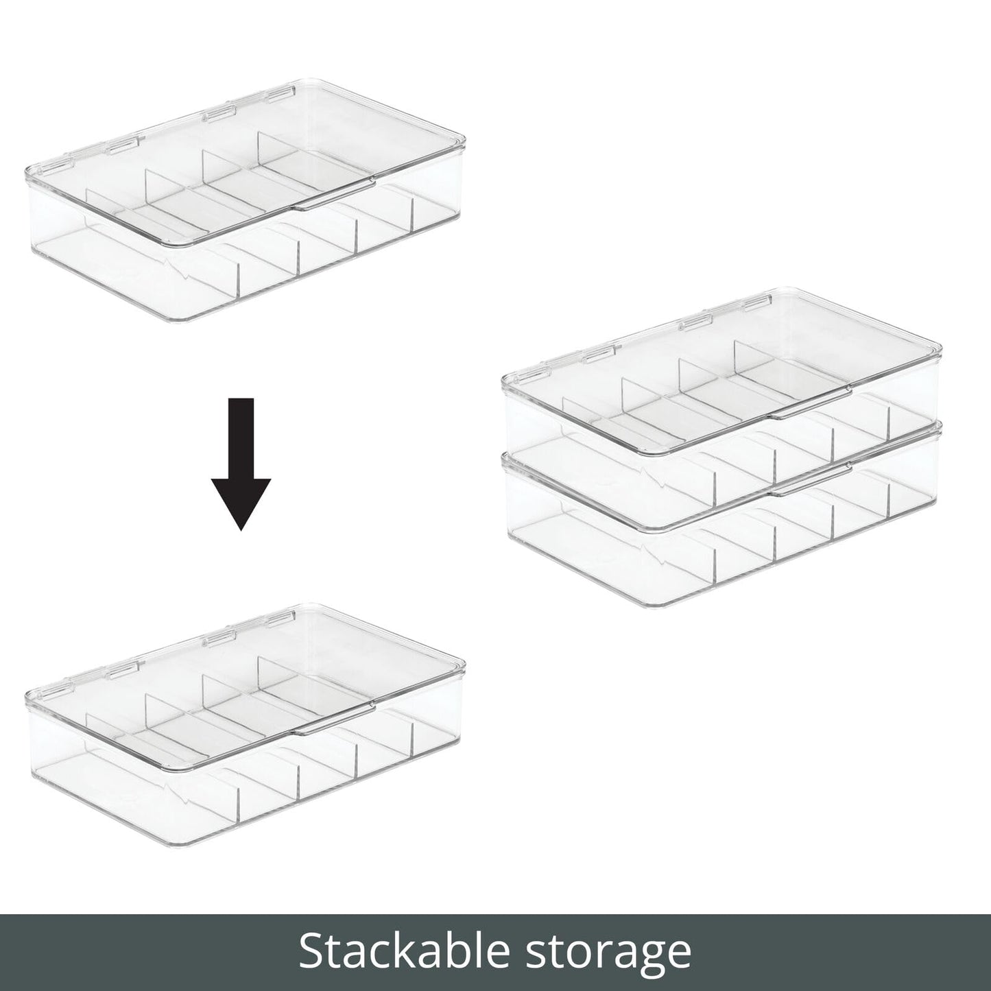 mDesign Plastic Divided Stackable Hair, Makeup & Jewelry Organizer Box with Hinge Lid for Bathroom Vanity Countertop - 5 Sections - Stores Hair Clips, Barrettes - Ligne Collection - 2 Pack - Clear