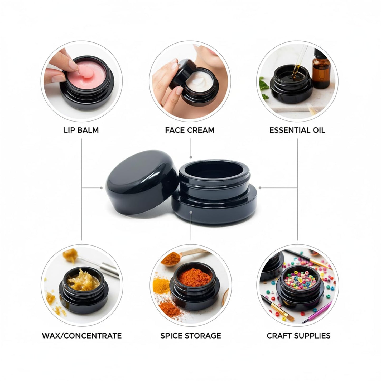 80pcs 7ml UV Resistant Glass Jar Set with Child-Resistant Black Lids - Round Bottom Cosmetic Jars for lip balm wax and creams