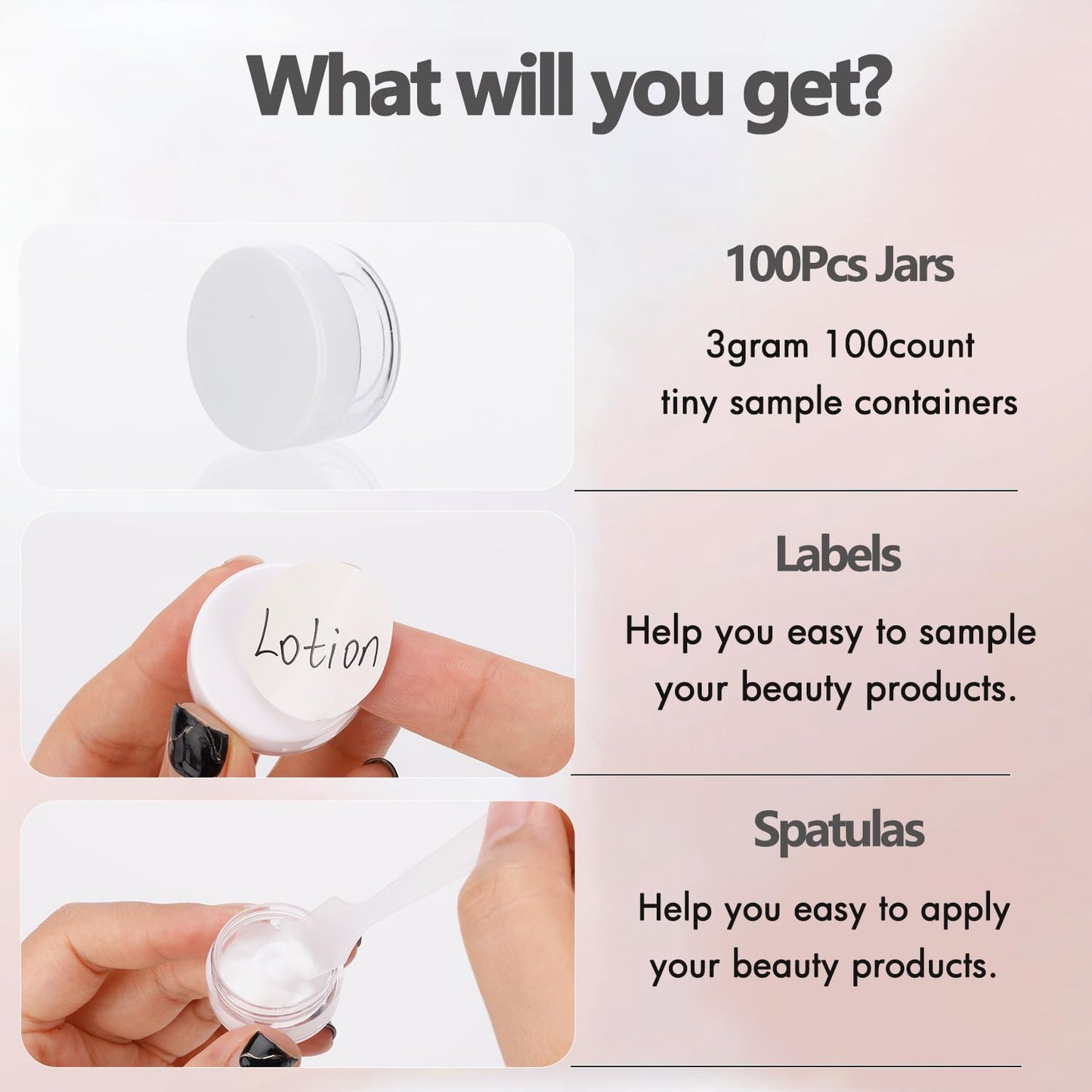 3 Gram Sample Containers with Lids, 100 Count Tiny Sample Jars, Empty Lip Balm Containers, Mini Cosmetic Container with Lids, Makeup Travel Container with Labels, Mini Disposable Spatulas
