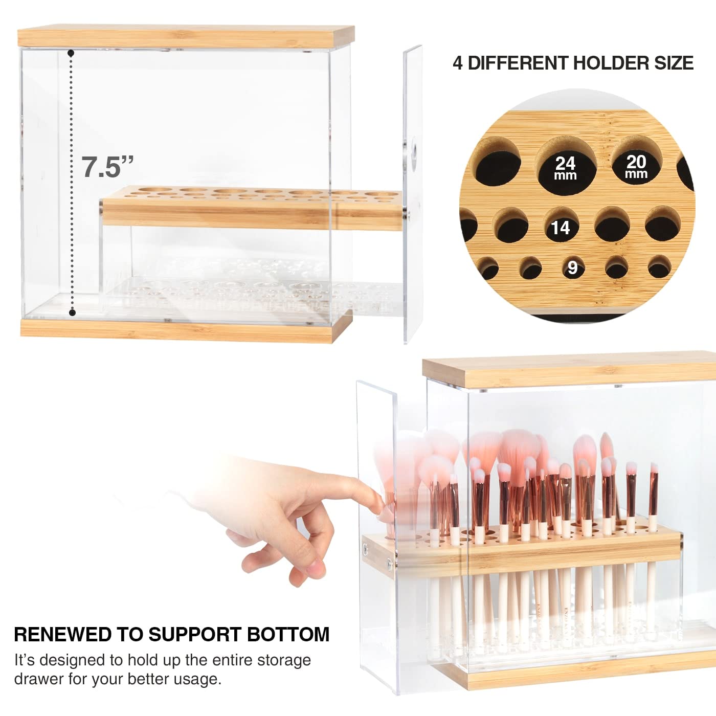 JackCubeDesign MK228C 31-Hole Acrylic Bamboo Brush Holder Organizer with Leather Drawer (Black, 22.3x8.6x21.5 cm)
