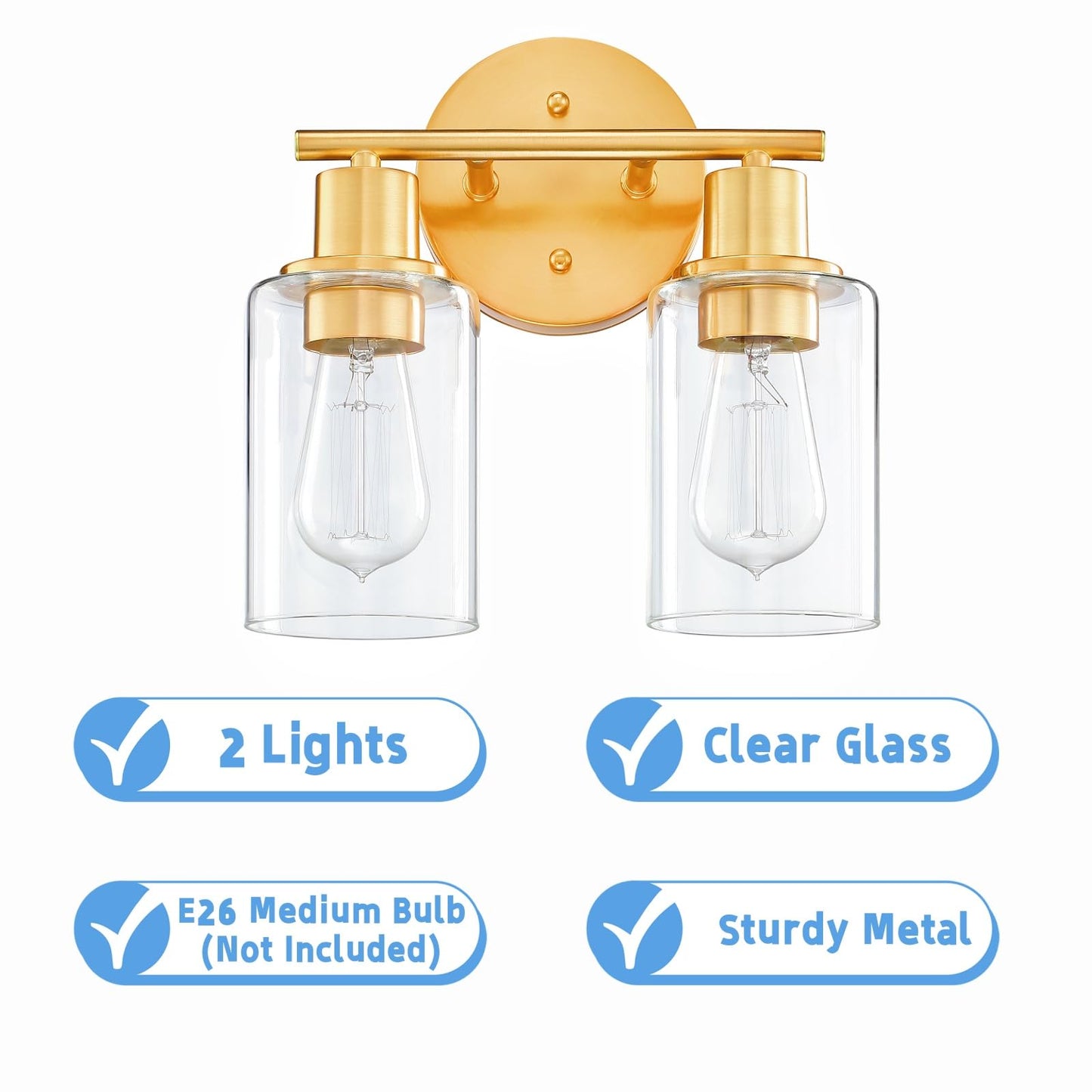 WISBEAM 2-Light Bathroom Vanity Light, Gold Bathroom Light Fixture Over Mirror with Clear Glass Shade Including E26 Medium Base, Bulb NOT Included, Brass Vanity Light Fixture