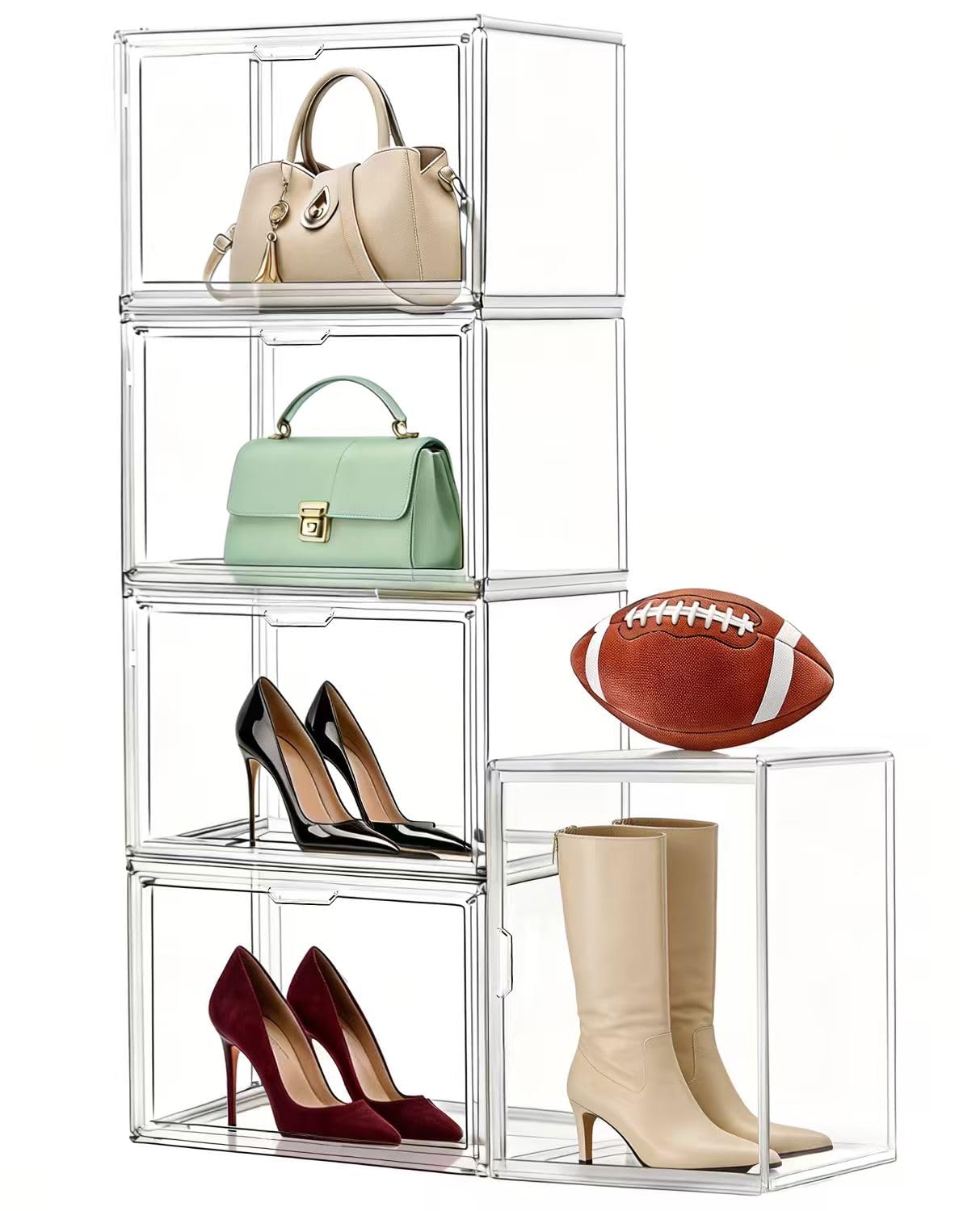 Clear Stackable Storage Bins, Acrylic Display Case, Acrylic Boxes with Lids, Magnetic Lid Storage Bins for Handbags & Purse, Large Figures Collectibles, Storage Box for Home Organization(5 Pack)