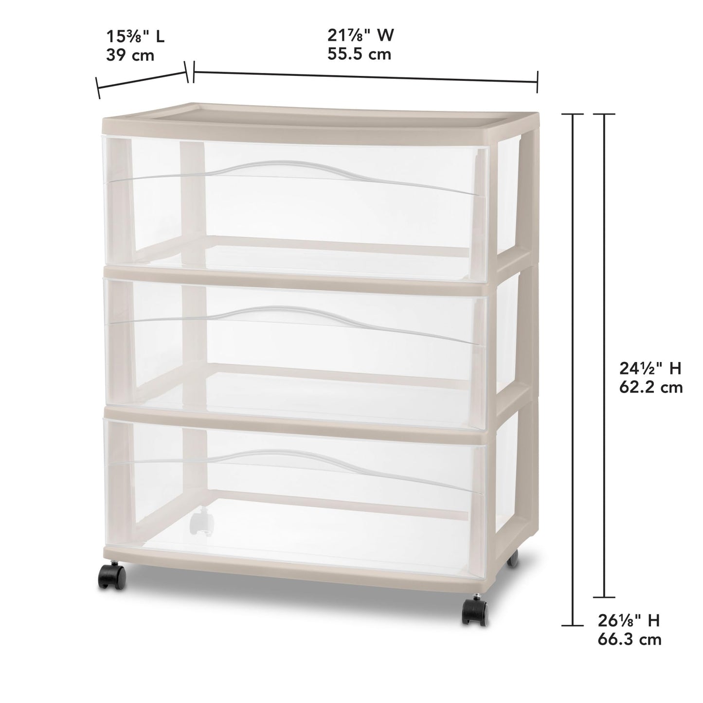 Sterilite 2 Pack Wide 3 Drawer Storage Cart, Rolling Organization, Grey