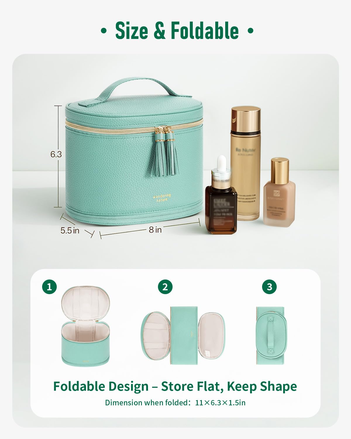 Wandering Nature Travel Makeup Bag for Women, Structured Vanity Case with Wipe-Clean EVA Interior & Removable Divider, Brush Loops, Fold-Flat PU Leather Makeup Case with Handle