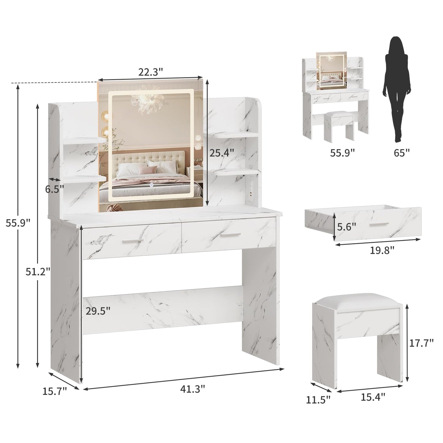 Garvee Vanity Desk with Lights | Tri-Mode LED Lighted Mirror & Charging Station | Makeup Vanity Set with 6 Shelves, 2 Drawers, Soft Cushion Stool | Dimmable Vanity Desk for Bedroom (Marble White)