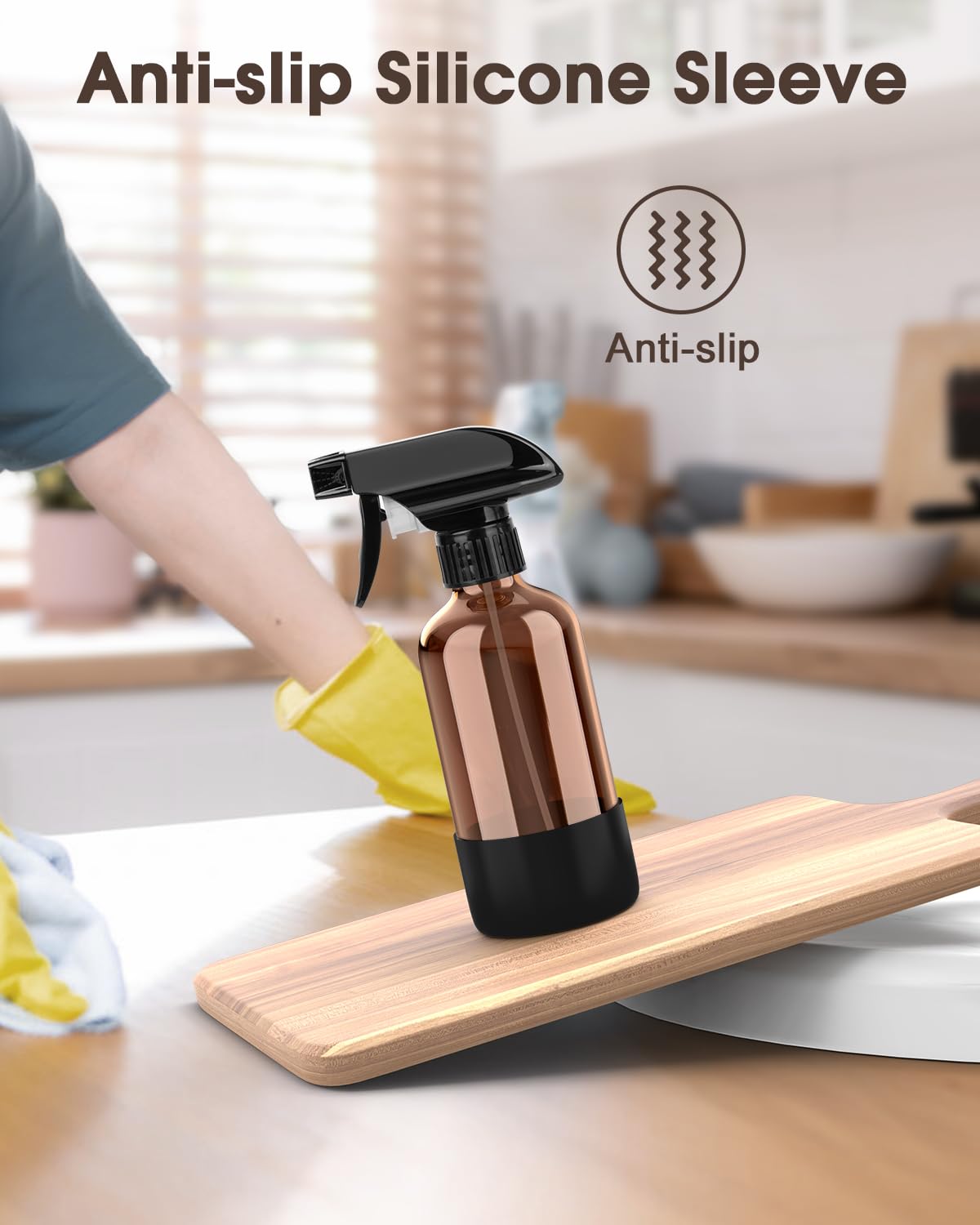 Bontip Glass Spray Bottle with Silicone Sleeve Protection, Amber Glass Spray Bottle Set for Window Cleaner Aromatherapy Facial Hydration Watering Flowers Hair Care 2 Pack/8 oz (Black & Brown)