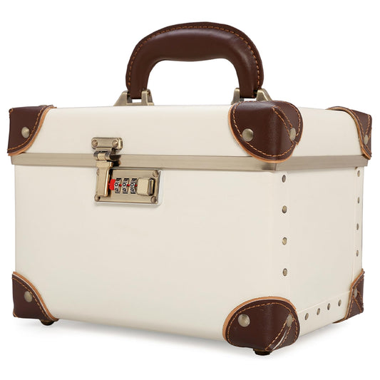 urecity Vintage Makeup Train Case with Metal Combination Lock, White Artificial Leather Storage Box, Desktop Cosmetic Organizer with Striped Interior