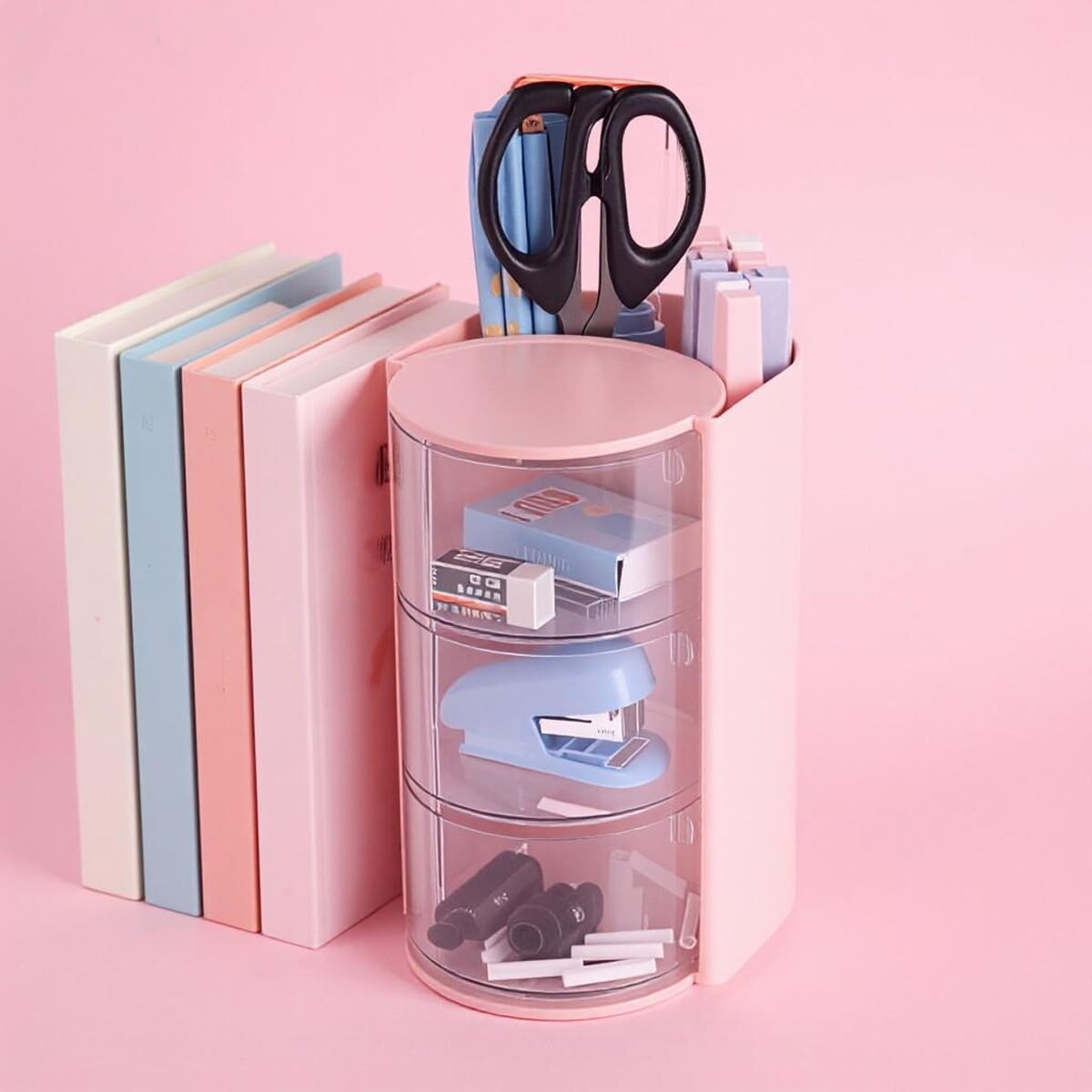 AISIBO 3-Tier Clear Hair Accessories Organizer with Hair Brush Holder, Rotatable Small Jewelry Storage Box for Necklaces, Earring, Ring, Bracelet, Makeup Sponge, Hair Bow Clip (Pink, 3-Layer)