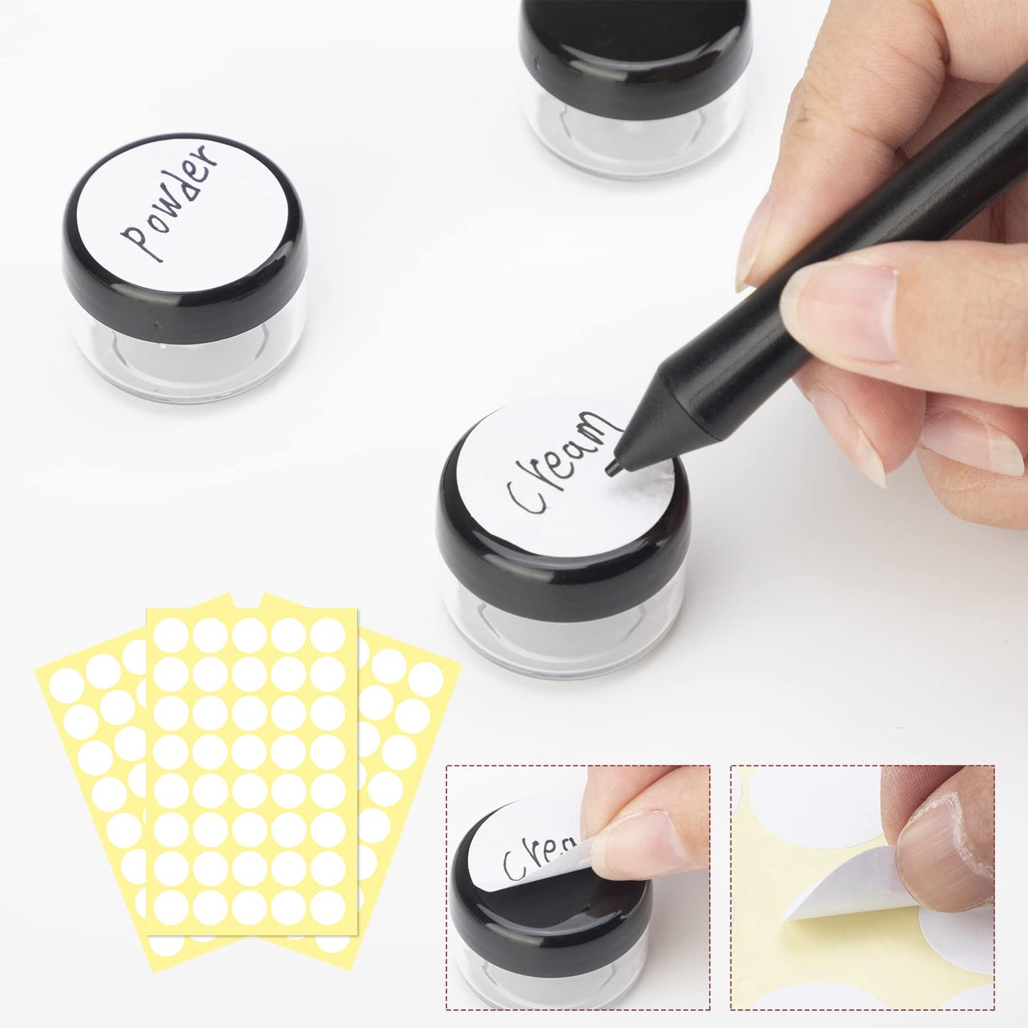 100 Pieces 5ml/5 Gram Empty Containers Mini Clear Jar Sample Transparent Cream Cosmetic Bottle Containers with 10 Pieces Mini Spatulas,Label (black)