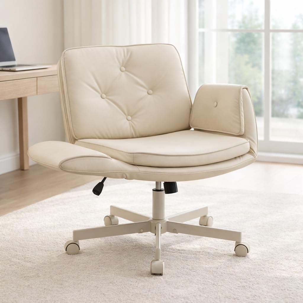 MOJAY Criss Cross Chair, Vanity Chair, Pretty Fancy Desk Chair, Cross Legged Office Chair for Girls, 360°Swivel Height Adjustable Reception Chair (Beige PU)