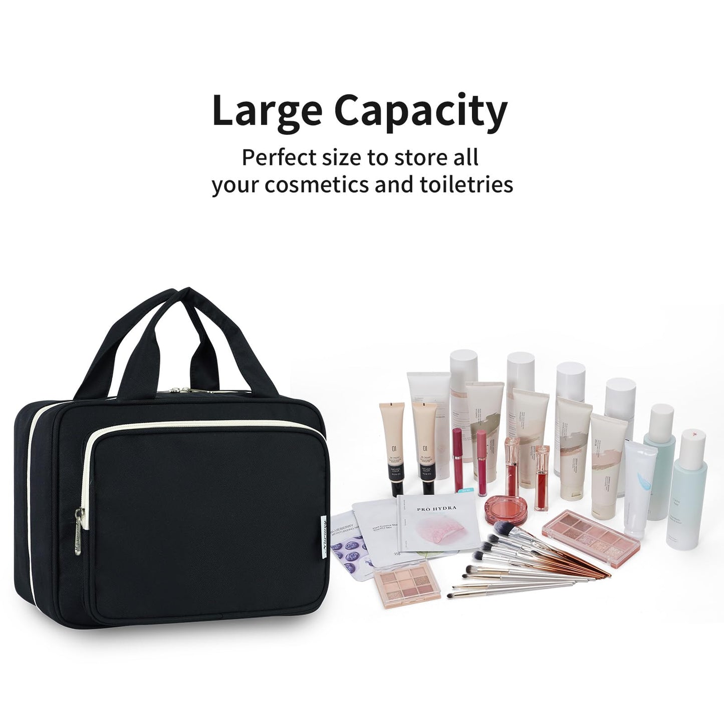 Narwey Travel Toiletry Bag for Women Large Hanging Makeup Bag Organizer Toiletries Bag for Full Size Essentials Accessories Cosmetics (Black (Large))