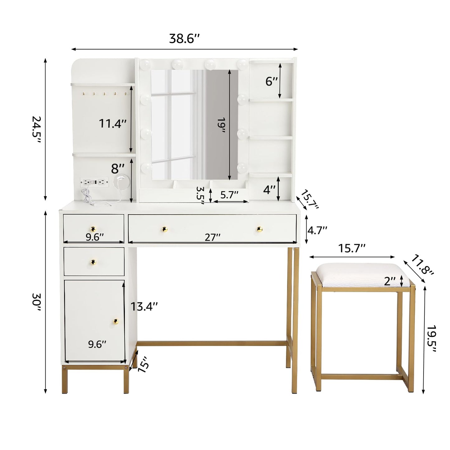 MilleLoom Vanity Desk with Stool and Charging Station, White Vanity Set with Mirror & Lights, 3 Lighting Colors, Large Makeup Table for Bedroom Dressing Room