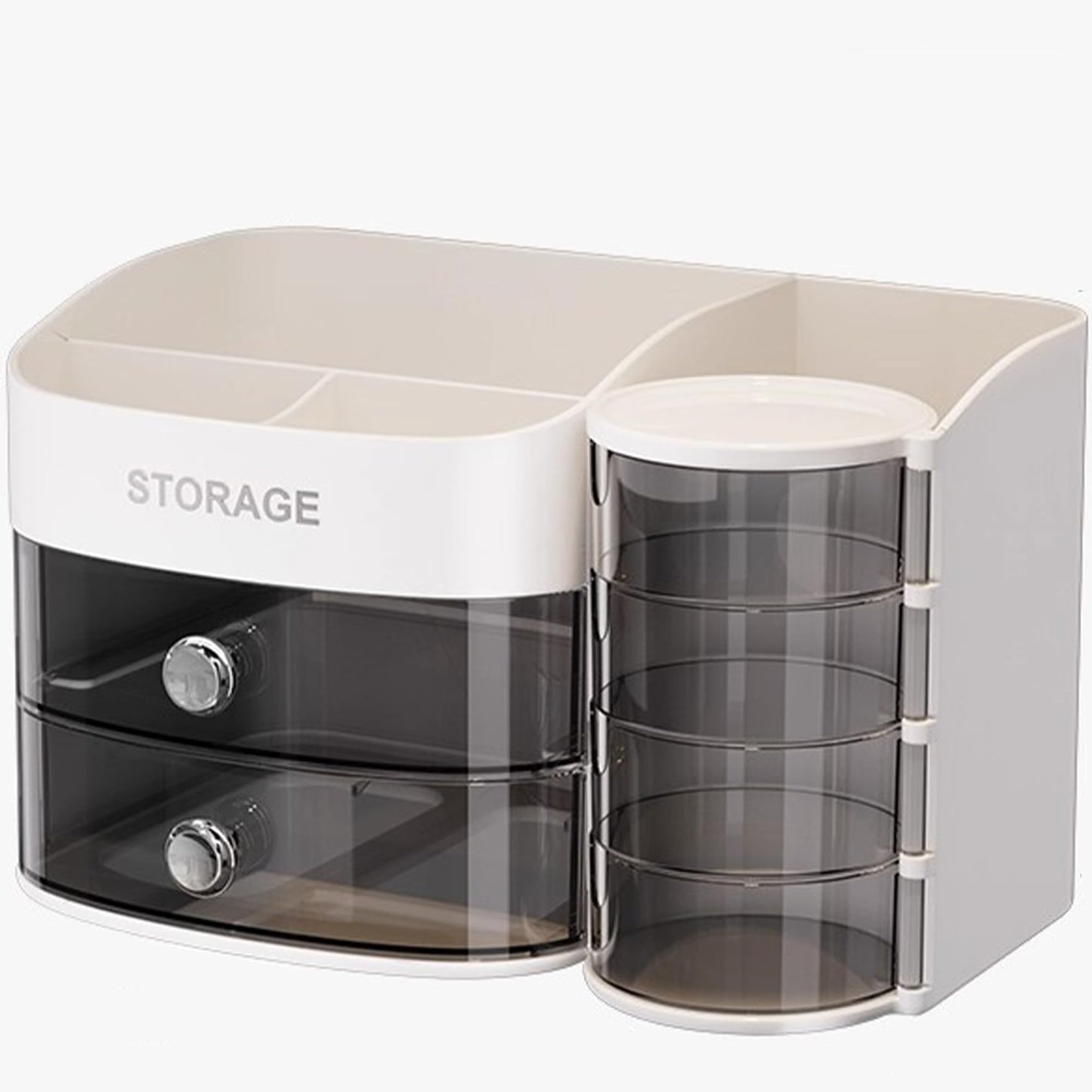 Freebirdly Makeup Organizer Countertop with Drawers, Rotating Skincare & Cosmetic Organizer for Vanity, 4 Clear Swivel Drawers, Large Capacity Make Up Storage for Cosmetics, Brushes, Jewelry