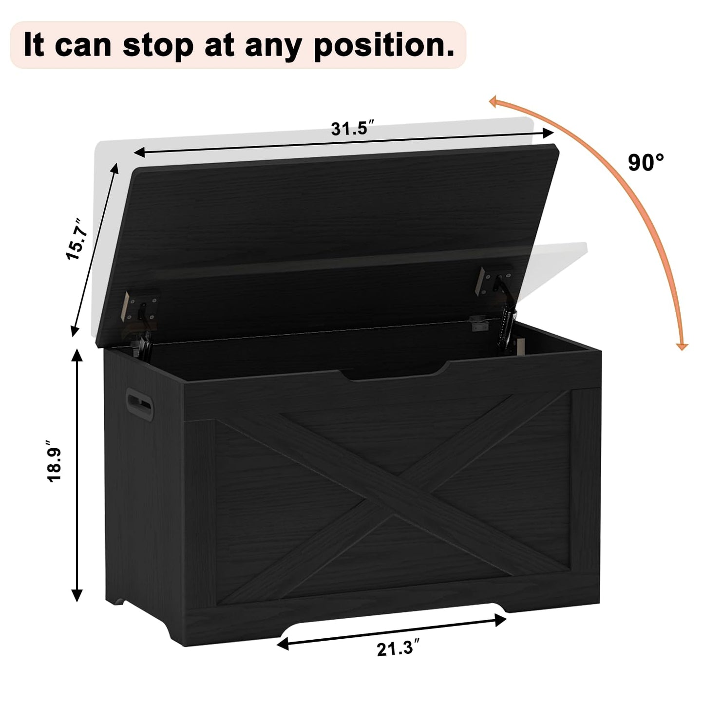 Timberer Storage Chest, Wooden Storage Bench, Entryway Shoes Bench with 2 Safety Hinges, for Living Room, Bedroom, 15.7 x 31.5 x 18.9 Inches, Black