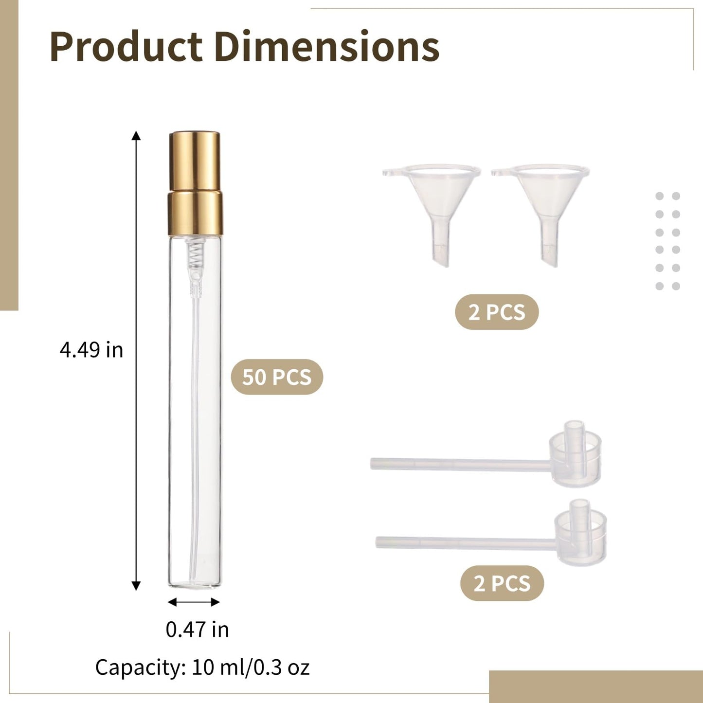 50 Pcs 10 ml Perfume Bottles - Refillable Glass Mini Spray Bottles, Portable Travel Sample Containers, Fine Mist Atomizers with Caps, Includes 2 Funnels and 2 Dispensers, Ideal for Liquids, Gold