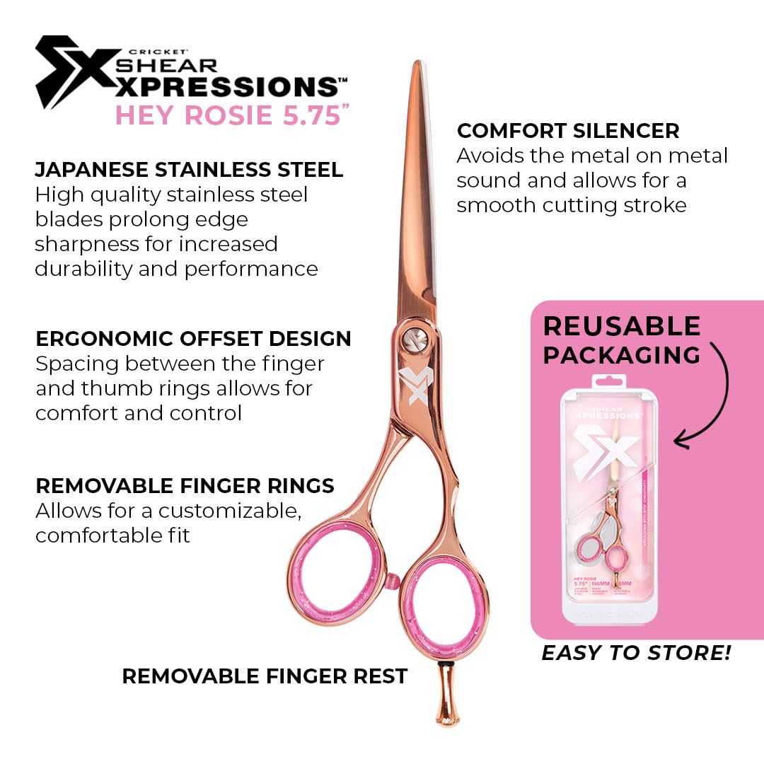 Cricket Shear Xpressions 5.75" Professional Hair Cutting Scissors - Barber Scissors, Japanese Stainless Steel, Comfort Silencer, Ideal for Stylists and Home Use, Hey Rosie - Rose Gold
