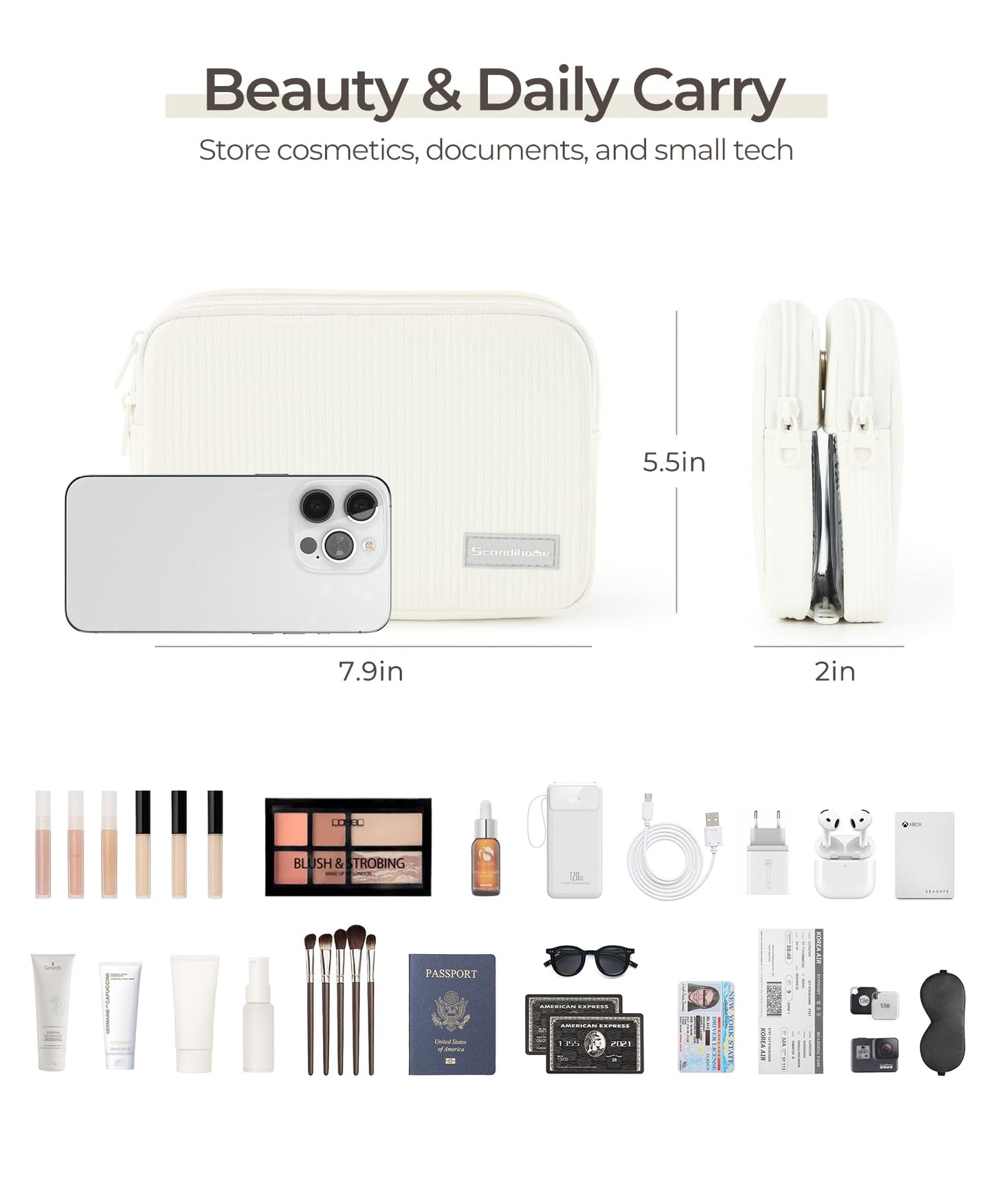 EPEDAL24 Preppy Makeup Bag, Rectangle Double Detachable Cosmetic Organizer, Clear Side Panel Portable Travel Pouches for In-Flight Essentials, Beauty & Tech Accessories, Gift for Women