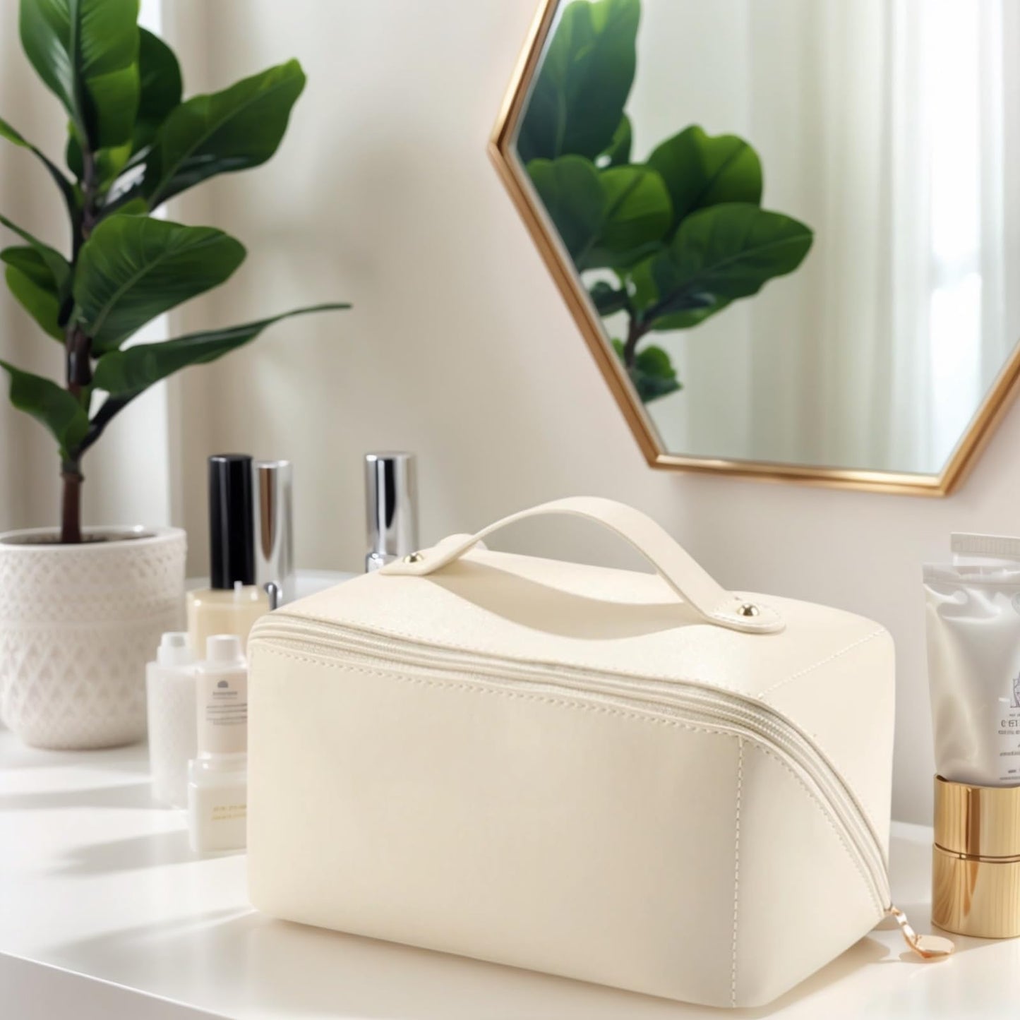 Large-capacity travel makeup bag, beautiful travel makeup bag with handle, large-capacity portable PU pillow makeup bag, suitable for family use or travel use, etc.