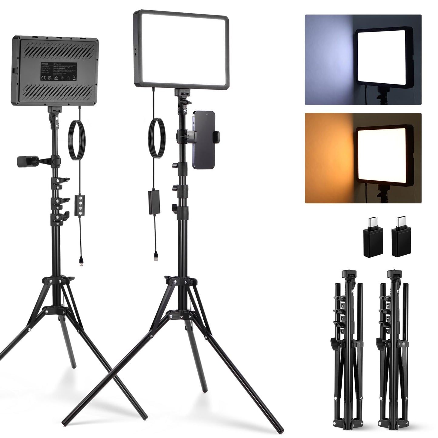 NEEWER Basics 2Pcs LED Video Light Panel with 59'' Tripod Stands/Phone Holders, 2700-6500K 850Lux Dimmable Plastic Studio Lighting for Photography Filming Recording Live Streaming, No Adapter, BP300