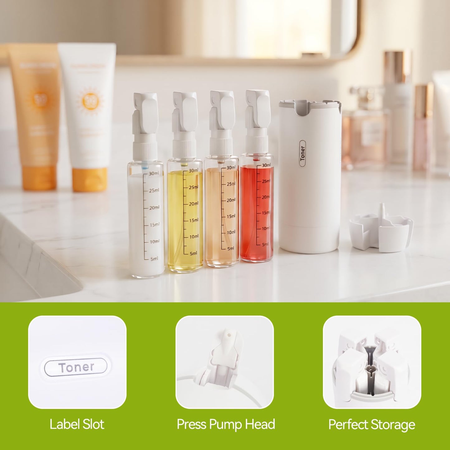 4 in 1 Travel Dispenser Bottle, 4 Pack 30ML Pump Bottle for Toiletries Leak Proof Travel Size Containers, Portable Containers for Shampoo Lotion Conditioner Cream (White)