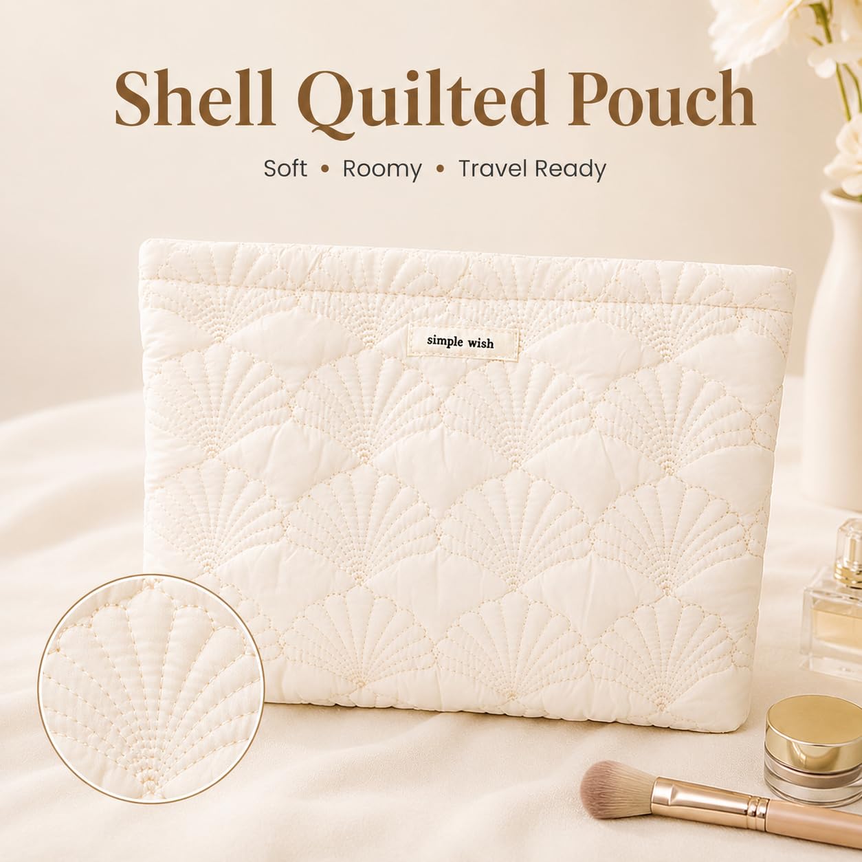 A Lots MiLi 3 Pcs White Shell Quilted Makeup Bag Set - Coquette Cotton Cosmetic Bags for Women, Coastal Makeup Pouch, Large Travel Toiletry Bag for Makeup, Skincare and Purse Essentials