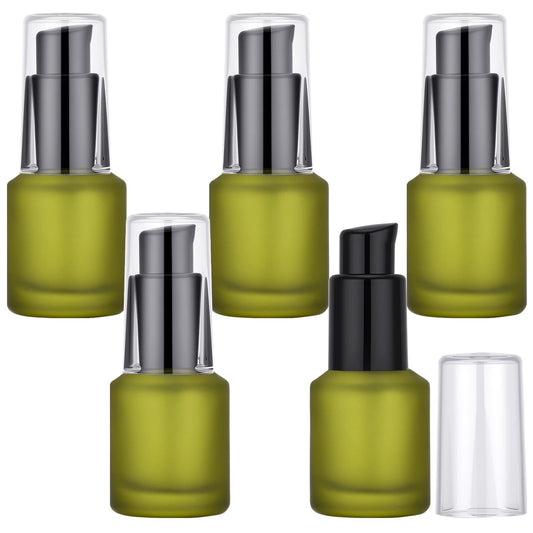 Segbeauty 0.5oz Frosted Glass Travel Size Containers for Lotions, 5pcs Mini Empty Lotion Bottles Pump Dispenser Refillable, 15ml Green Travel Containers for Creams, Small Hair Oil Pump Bottle Liquids