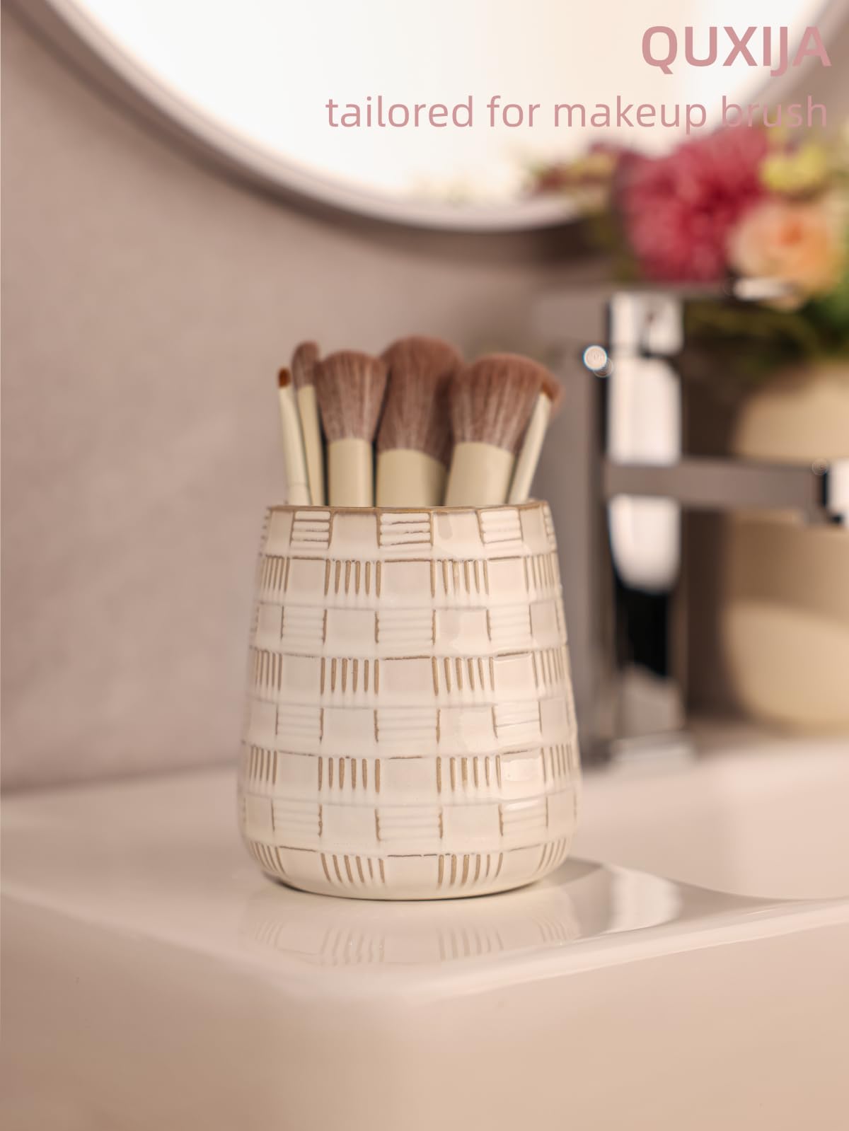 QUXIJA Makeup Brush Holders Bathroom Vanity, Ceramic Brushes Cup (Vintage White)