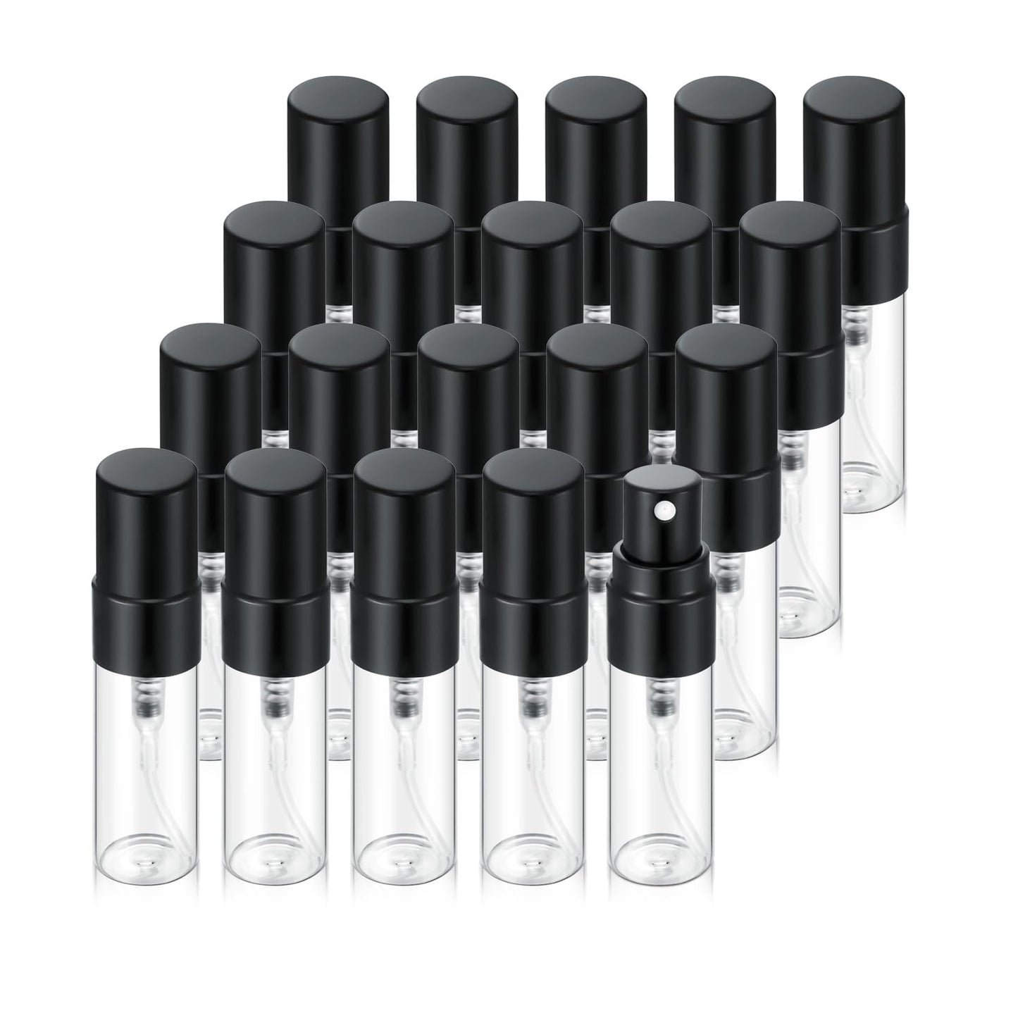 Jxcmeng 20Pcs 3ml Empty Clear Glass Mist Spray Bottle Refillable Mini Perfume Atomizer Travel Sample Bottle with Black Aluminized Nozzle Makeup Container for Perfume (3ml Black Caps)