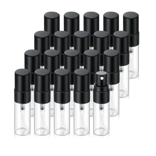 Jxcmeng 20Pcs 3ml Empty Clear Glass Mist Spray Bottle Refillable Mini Perfume Atomizer Travel Sample Bottle with Black Aluminized Nozzle Makeup Container for Perfume (3ml Black Caps)
