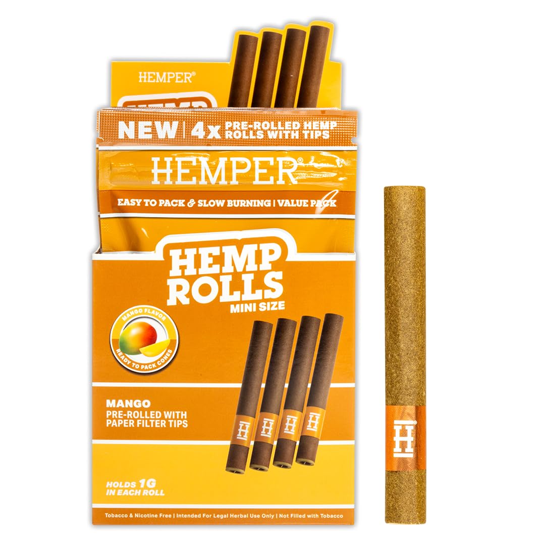 Hemper Mini Size Pre-Rolled Hemp Rolls with Paper Tips - 4PK | 12ct Display | Hand-Rolled, Natural Hemp Paper Rolls in Protective Case for Smooth, Clean Burn and Freshness - (Mango)