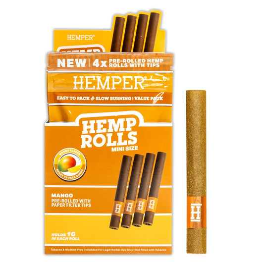 Hemper Mini Size Pre-Rolled Hemp Rolls with Paper Tips - 4PK | 12ct Display | Hand-Rolled, Natural Hemp Paper Rolls in Protective Case for Smooth, Clean Burn and Freshness - (Mango)