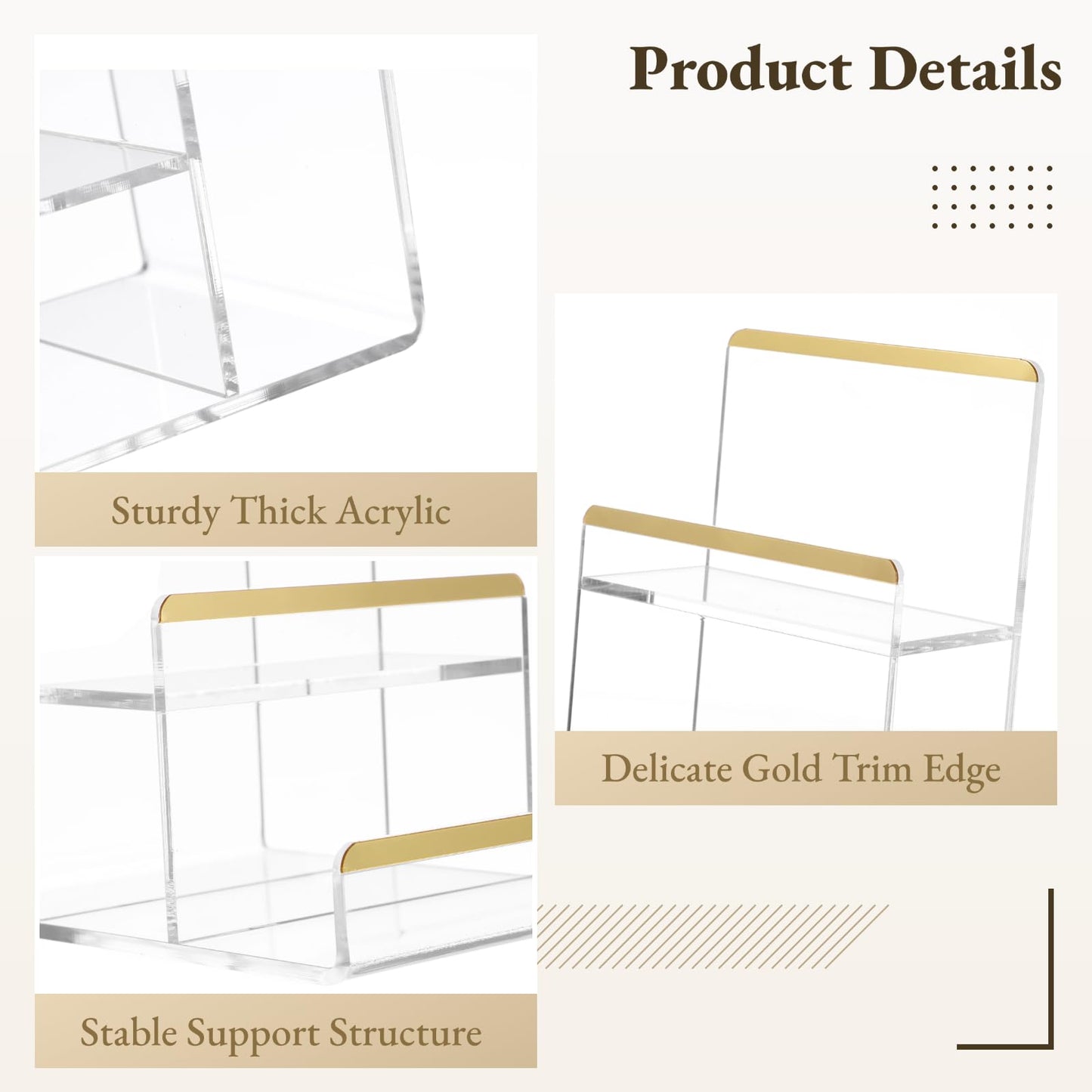 2 Pcs Purse Display Stands, Clear 3-tier Acrylic Wallet Risers with Golden Edge, Space-saving Handbag Display Shelves, Countertop Organizer Racks for Clutches, Perfume, Accessories