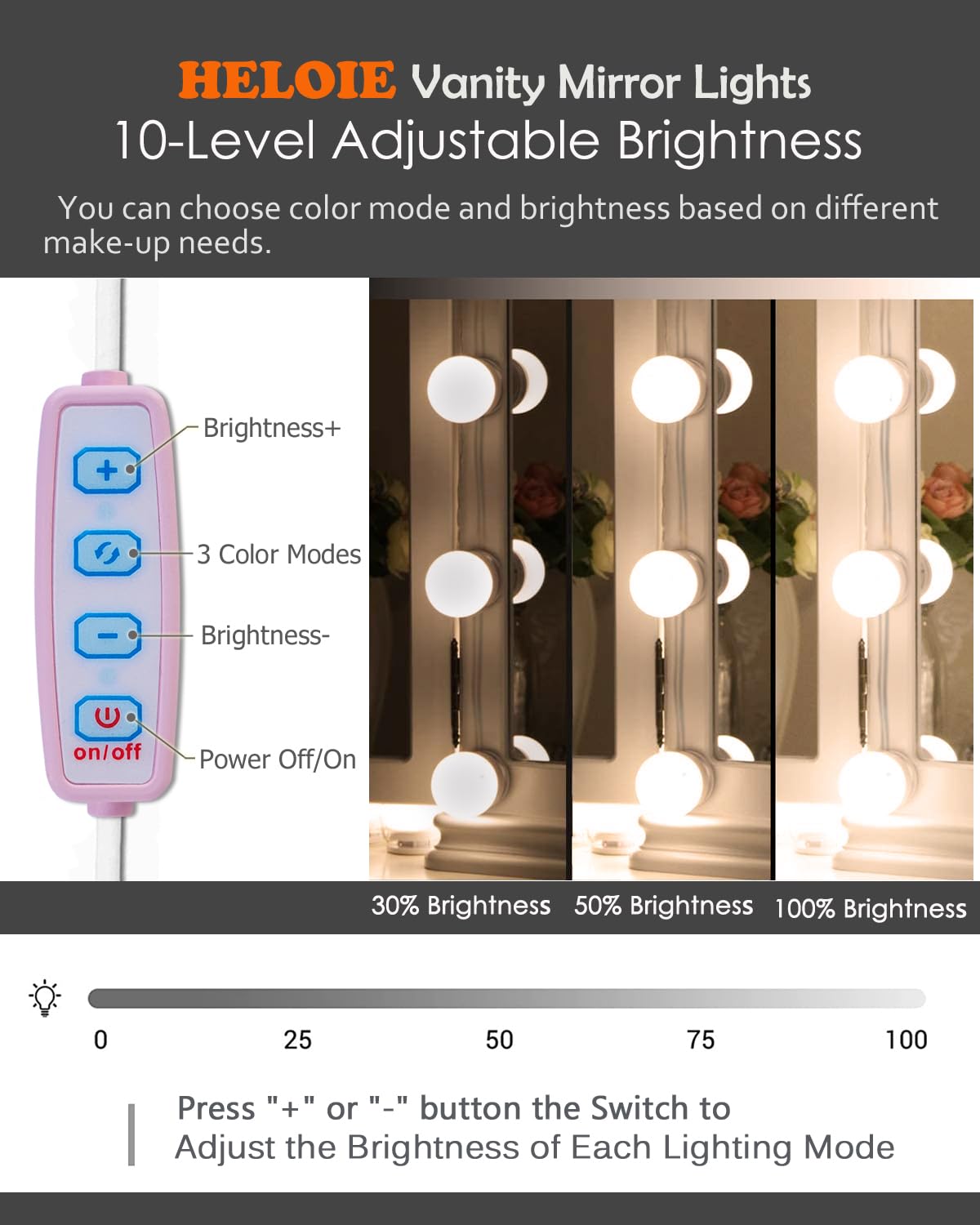HELOIE Led Vanity Mirror Lights, Vanity Lights for Makeup Dressing Mirror Lighting,10 Dimmable Bulbs,Adjustable Light Color & Brightness,USB Cable