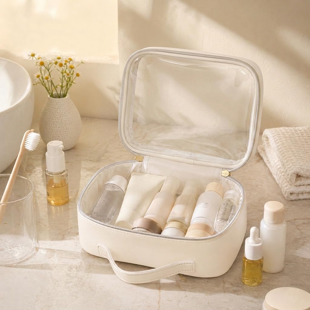 Travel Toiletry Bag for Women, Clear Makeup Bag Organizer with Handle, Waterproof Cosmetic Case for Travel Essentials, Portable Bathroom and Skincare Storage Bag for Daily Use, White