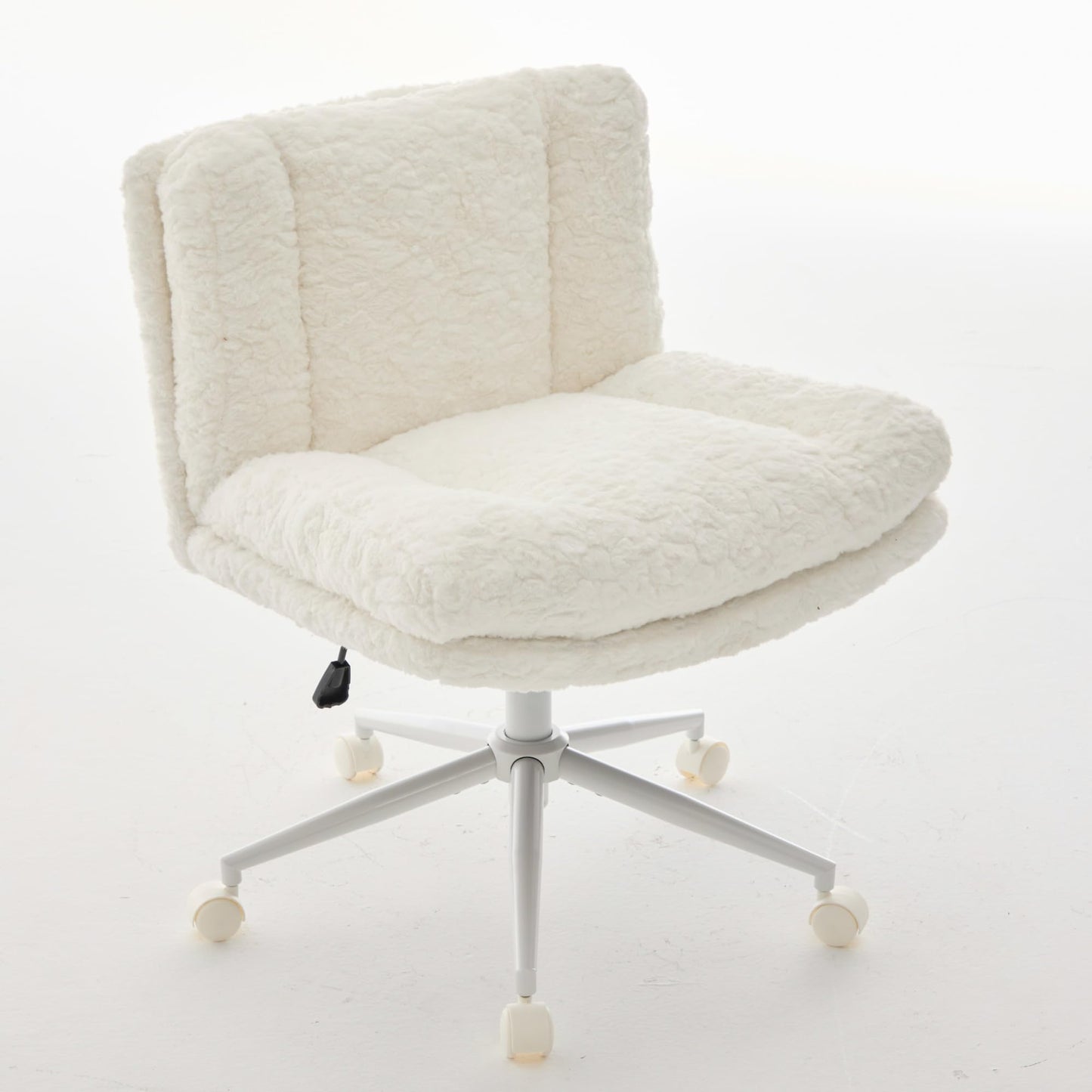 KIUMU Upgraded Plush Faux Fur Criss Cross Office Vanity & Desk Chair with White Metal Base – Extra-Wide Seat & Tilt Backrest, Adjustable Swivel Makeup Chair for Bedroom, Study & Home Office, Cream