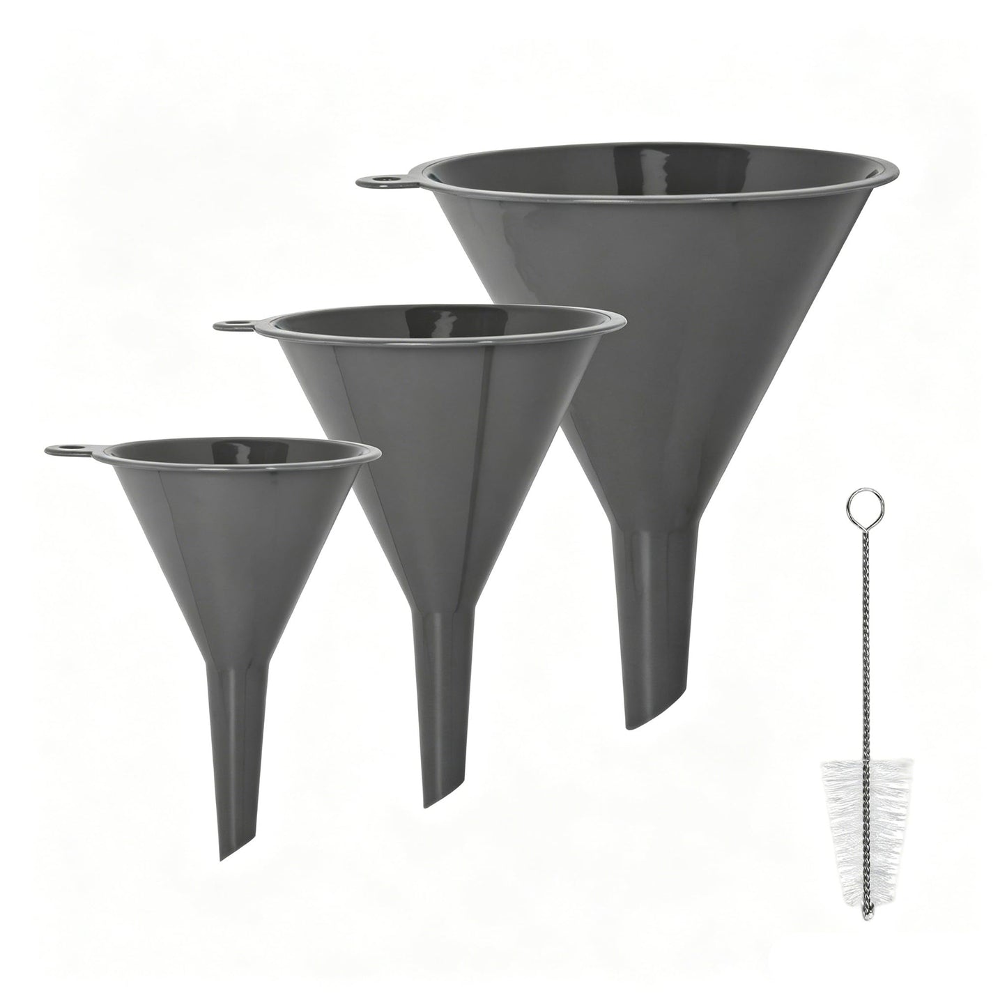 Plastic Kitchen Funnel Set of 3 with Brush – BPA Free Food Grade Funnels for Filling Canning Bottles Oil, Multifunctional for Cooking Lab Automotive, Gray