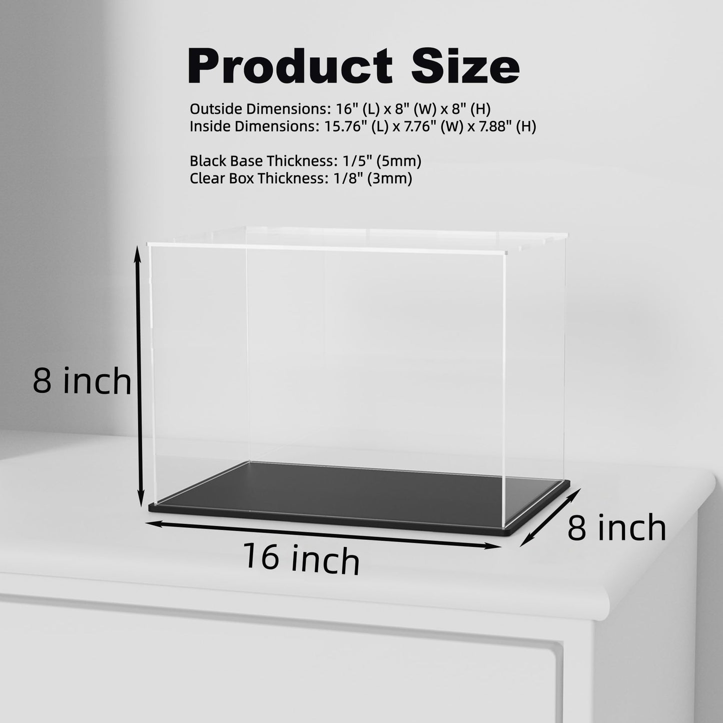 HEMYLU Acrylic Box with Matt Black Base, Simple Self-Assembly Clear Acrylic Display Case, 16x8x8 inch Showcase with Lid for Model Cars and Long Narrow Collections