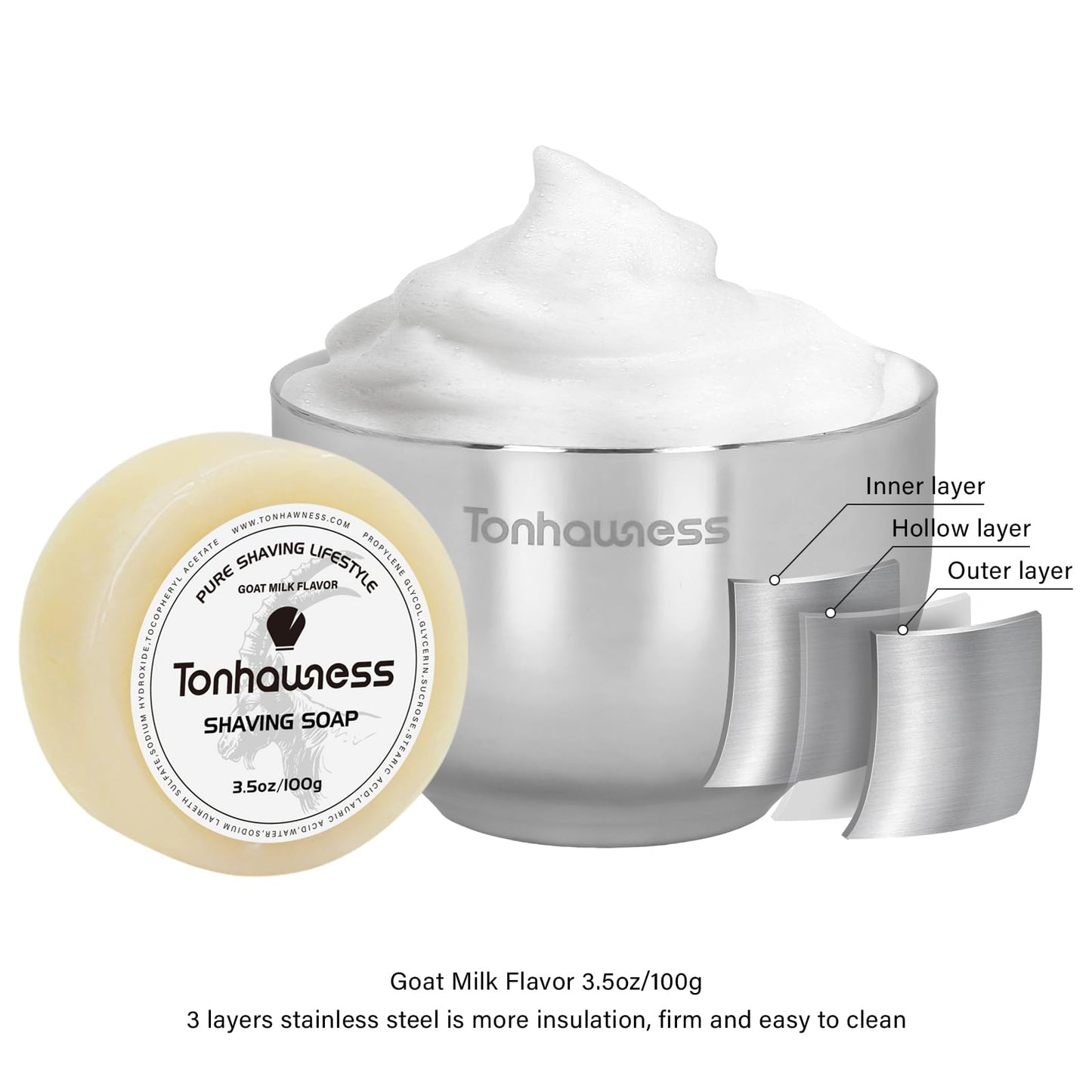 Badger Hair Shaving Brush With Wood Handle, Goat Milk Shaving Soap, Dual-ring Base Stainless Steel Shaving Stand Holder and 3 Layers Shaving Bowl for Men's Wet Shaving (Black With Badger Hair)