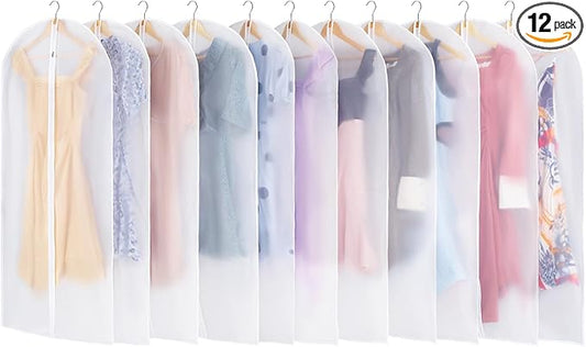 12 Pack Garment Bags for Hanging Clothes - Translucent Dress Bag for Closet Wardrobe Storage Travel - 24" x 49"