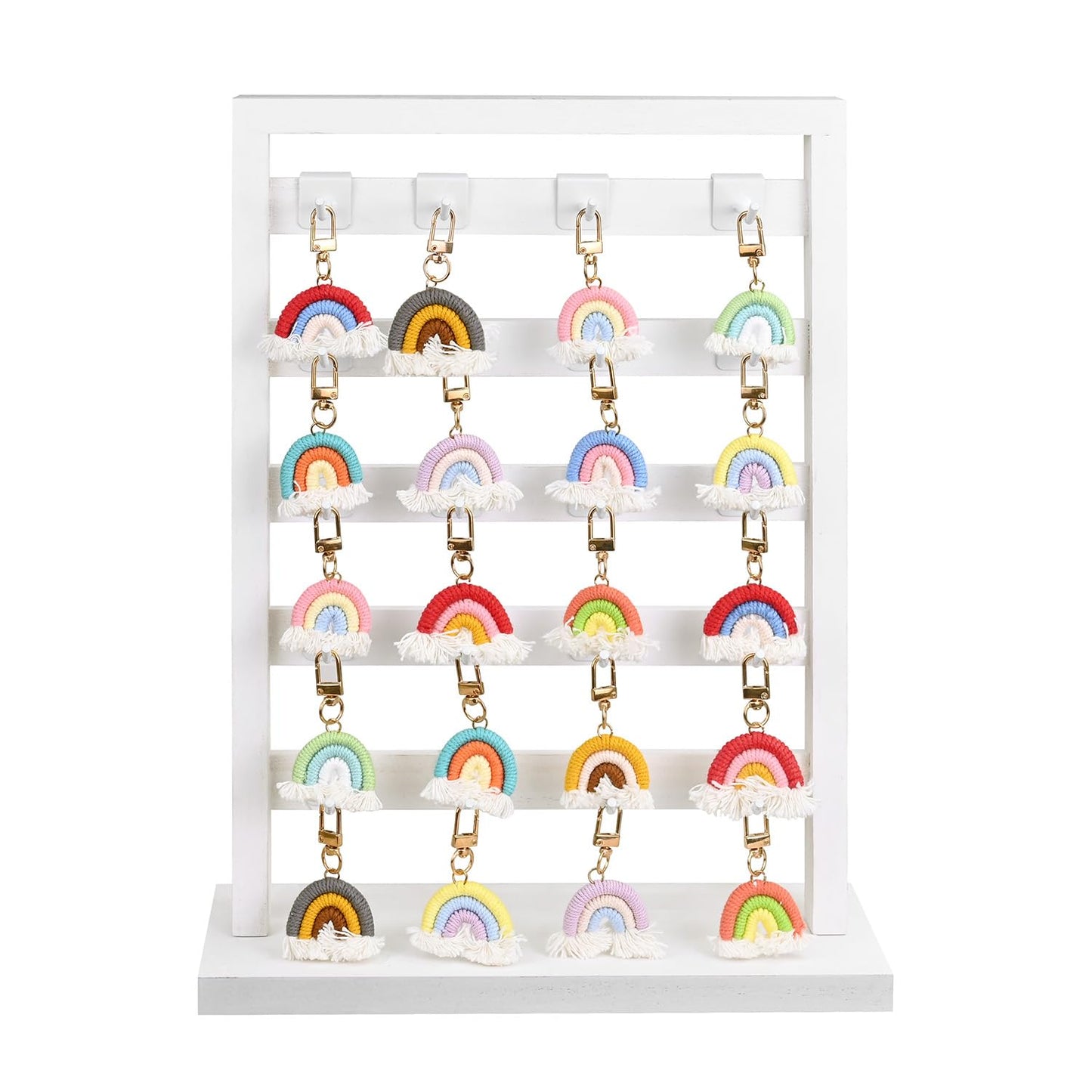 Ikee Design 5 Tiers Free Assemble Wooden Jewelry Display Rack with 20 Removable Metal Hooks,Earring Card Display Stand,Jewelry Organizer,Bracelet Organizer,Keychain Display Stand,Wash White
