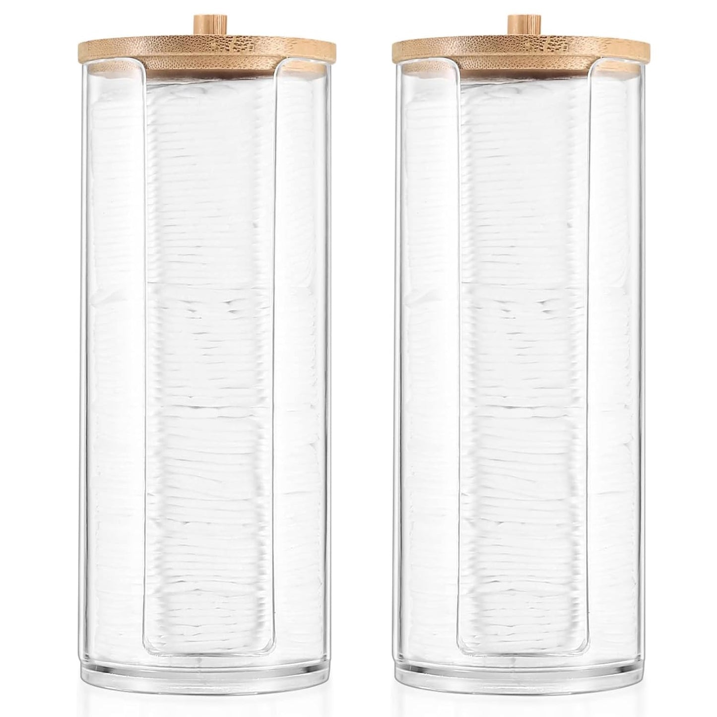 AIMIXUN 2 Pcs Cotton Round Holder, Cotton Pad Holder with Bamboo Lids, Makeup Storage Cotton Pad Dispenser Bathroom Canisters Bamboo Bathroom Storage Jars Storage Containers Clear Plastic