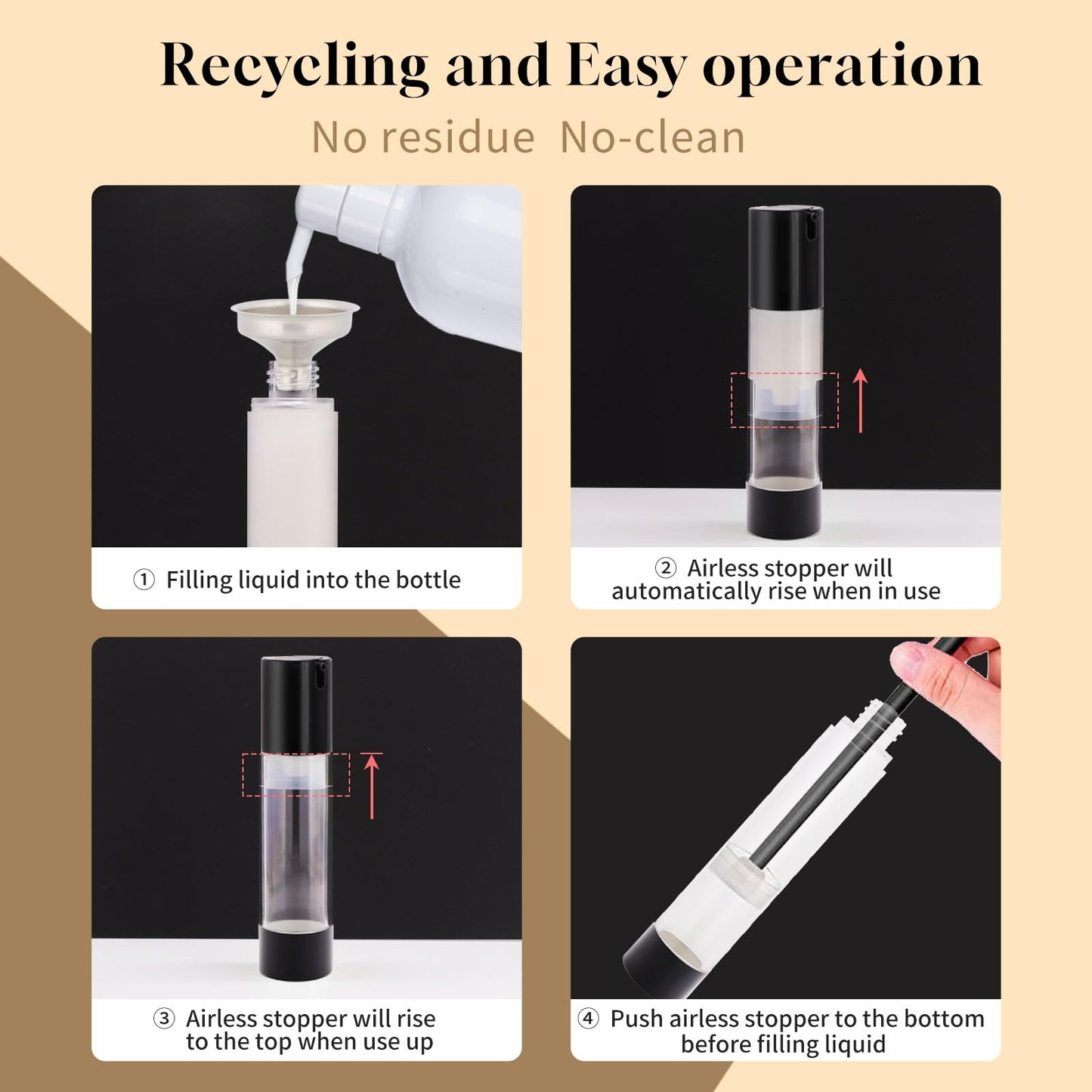 AJLTPA 6Pcs 1.7oz 50ml Frosted Transparent Airless Pump Bottles with Funnel, Travel Size Vacuum Dispenser Refillable Cosmetic Containers For Foundations, Cream, Serums, Shampoo, Lotion(Black)