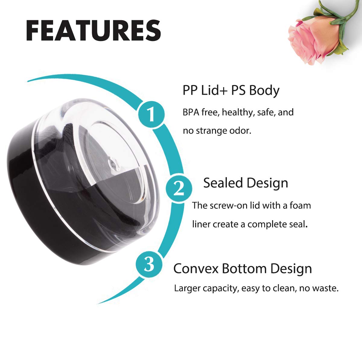 100 Pack 3 Gram Sample Containers with Lids, 3ml Mini Sample Jars, Tiny Plastic Cosmetic Containers for Lip Balms, Makeup, Lotion, Eye Shadow, Powder, and Lip Balms (Black Lids)