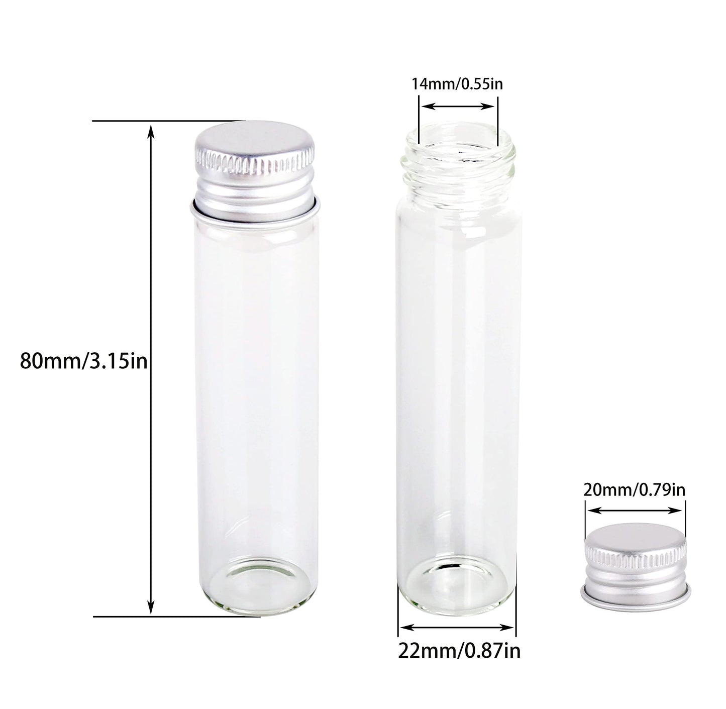 MaxMau Pack of 100, 20ml Small Glass Bottles with Metal Cap Screw Top Lids Tiny Vials Mini Jars Glass Tube for Beads Glitter Seed Samplers Storage