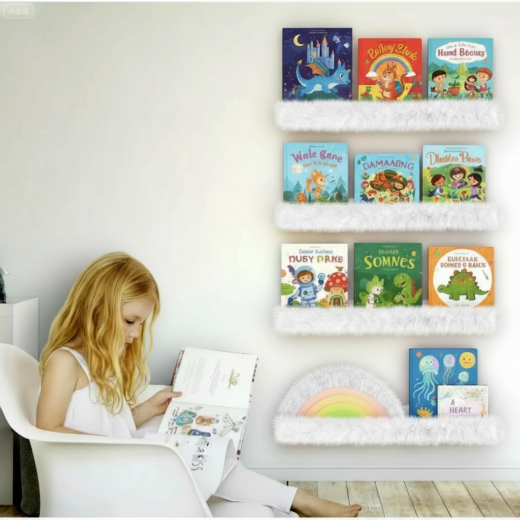 1PC Plush Bookshelf for Kids, Soft Hanging Book Display Shelf for Nursery Wall, Easy Mount Floating Bookshelf Display Organizer, Unique (White)