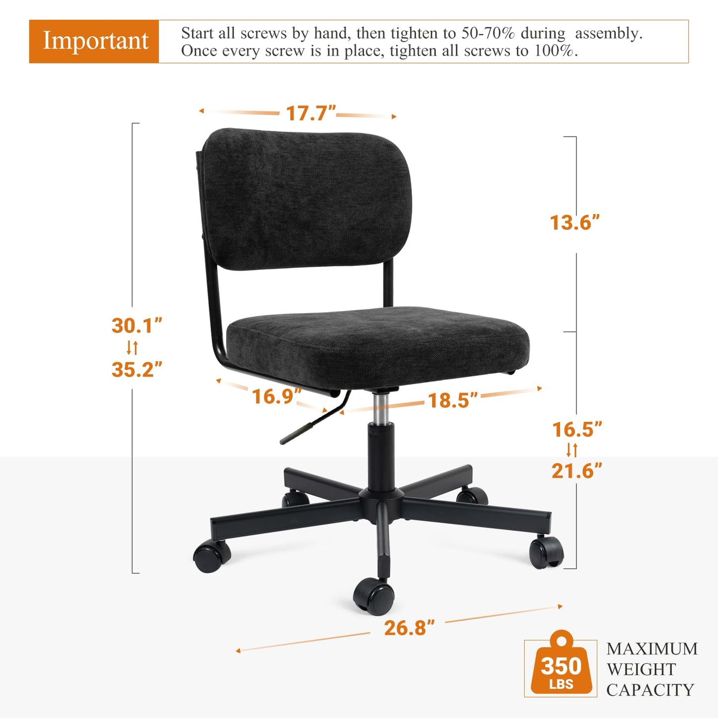 VATROS Vanity Chair with Wheels, Cute Armless Desk Chair with Back, Height Adjustable Swivel Small Office Chair, Comfy Fabric Computer Task Chair for Bedroom, Study, Dressing Room Black