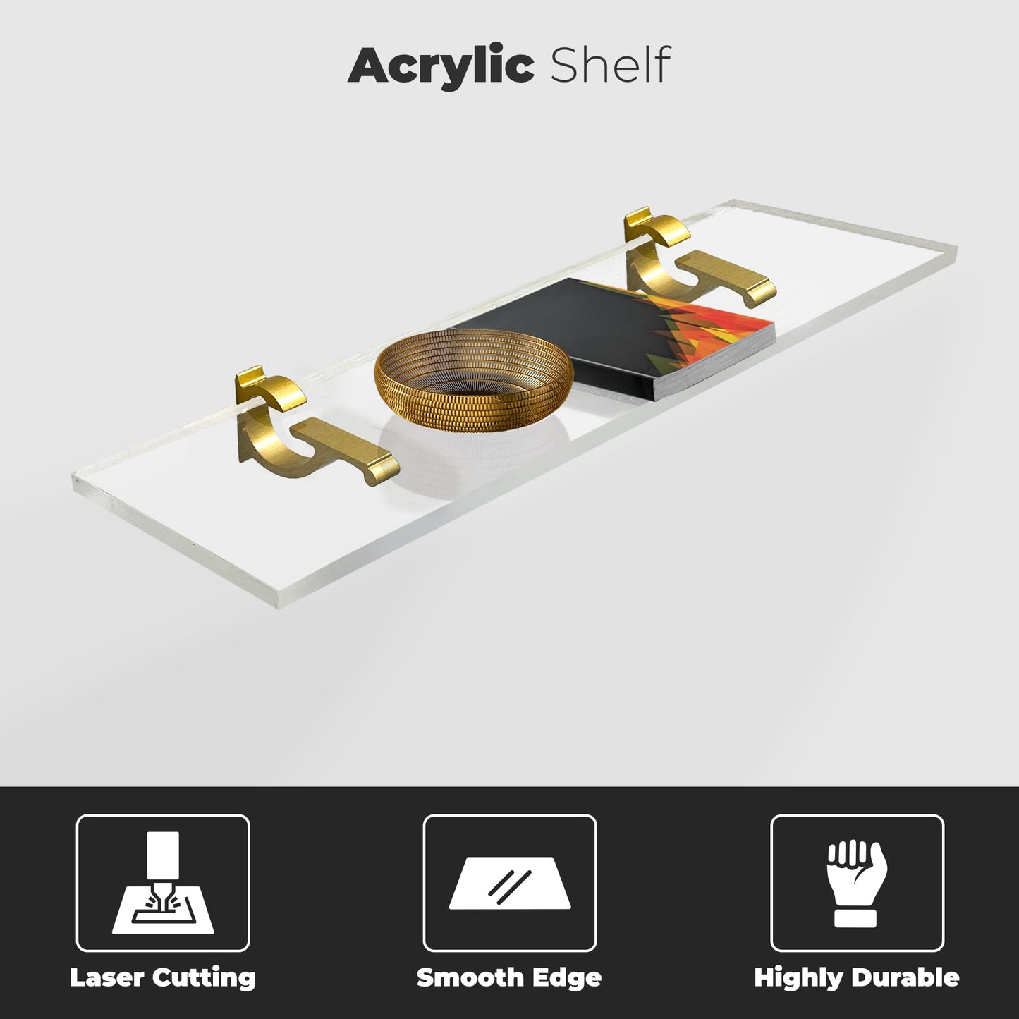 Clear Acrylic Shelves 11.5 inches, 3/4" Thick Transparent Wall Mounted Floating Shelves for Bedroom, Living Room, Bathroom, Kitchen -‎ with Screws and Brass Finish Brackets, Pack of 2