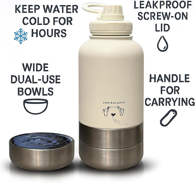 Love Wag & Play Dog Water Bottle Portable – 2 in 1 Stainless Steel Bowl for Food, Water – Leakproof Portable Water Bowl for Dog with Carry Loop – Detachable Design – Ideal for Kibble, Treats – Green